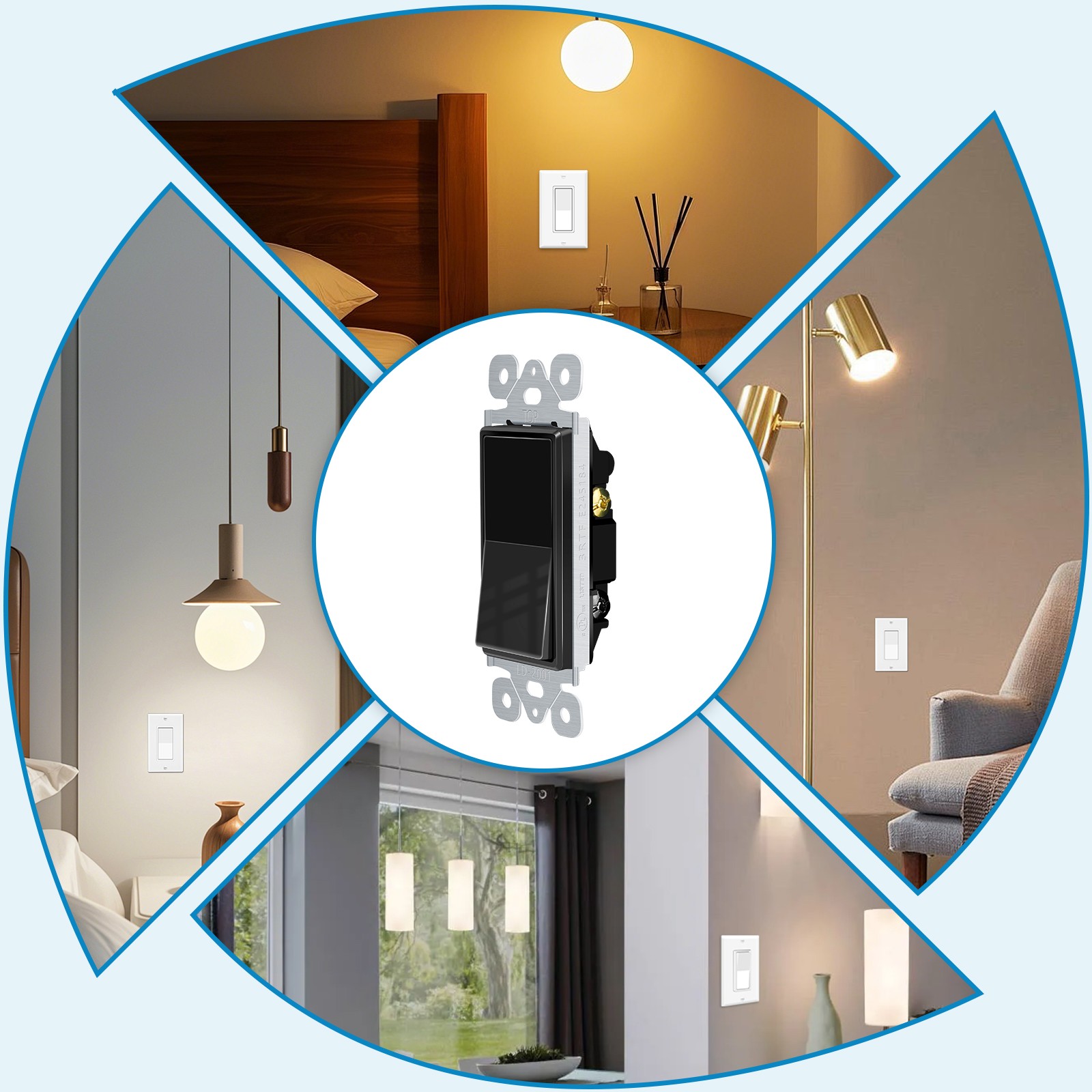 15A 120/277V Black Single Pole Rocker Light Switch UL/CUL Listed Home Use 2PK