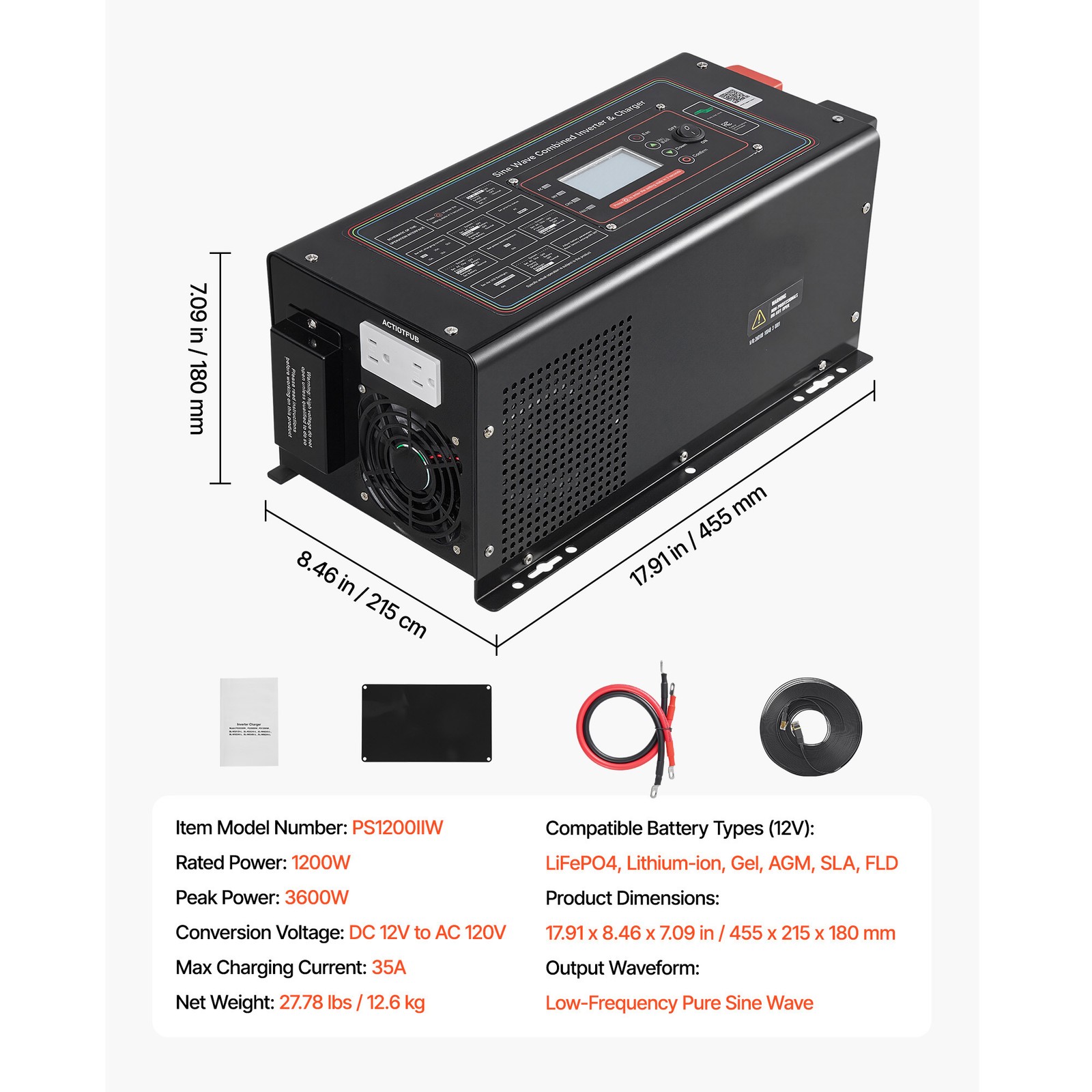 Uimoso 1200W Pure Sine Wave Inverter Charger, 12V DC to 120V AC with LCD Display