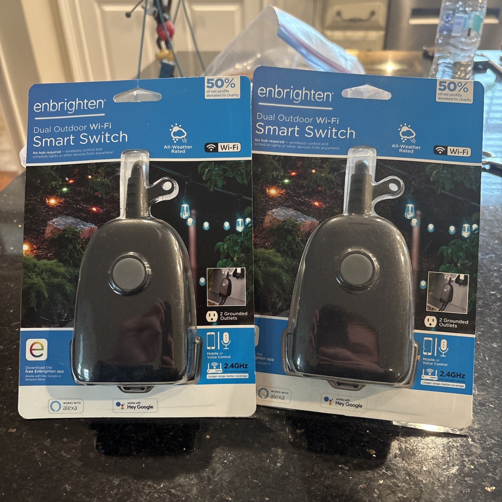 2 Enbrighten Wi-Fi Plug-In Outdoor Smart Switch, 2-Outlet, Black 125 volt