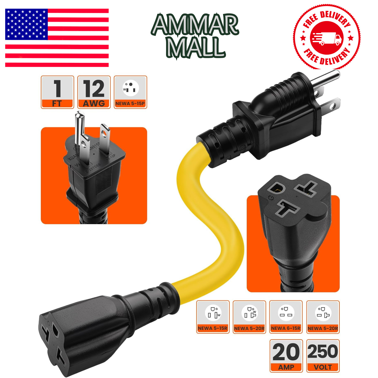 12AWG 15 Amp Household AC Plug to 20 Amp T Blade Adapter Cable, NEMA 5-15P to 5-