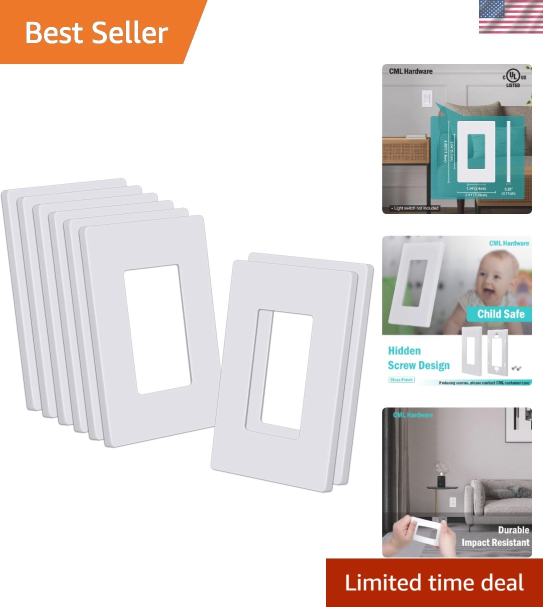 8-Pack Screwless Glossy Wall Plates, Durable Polycarbonate, 2.91″x4.68″ Size