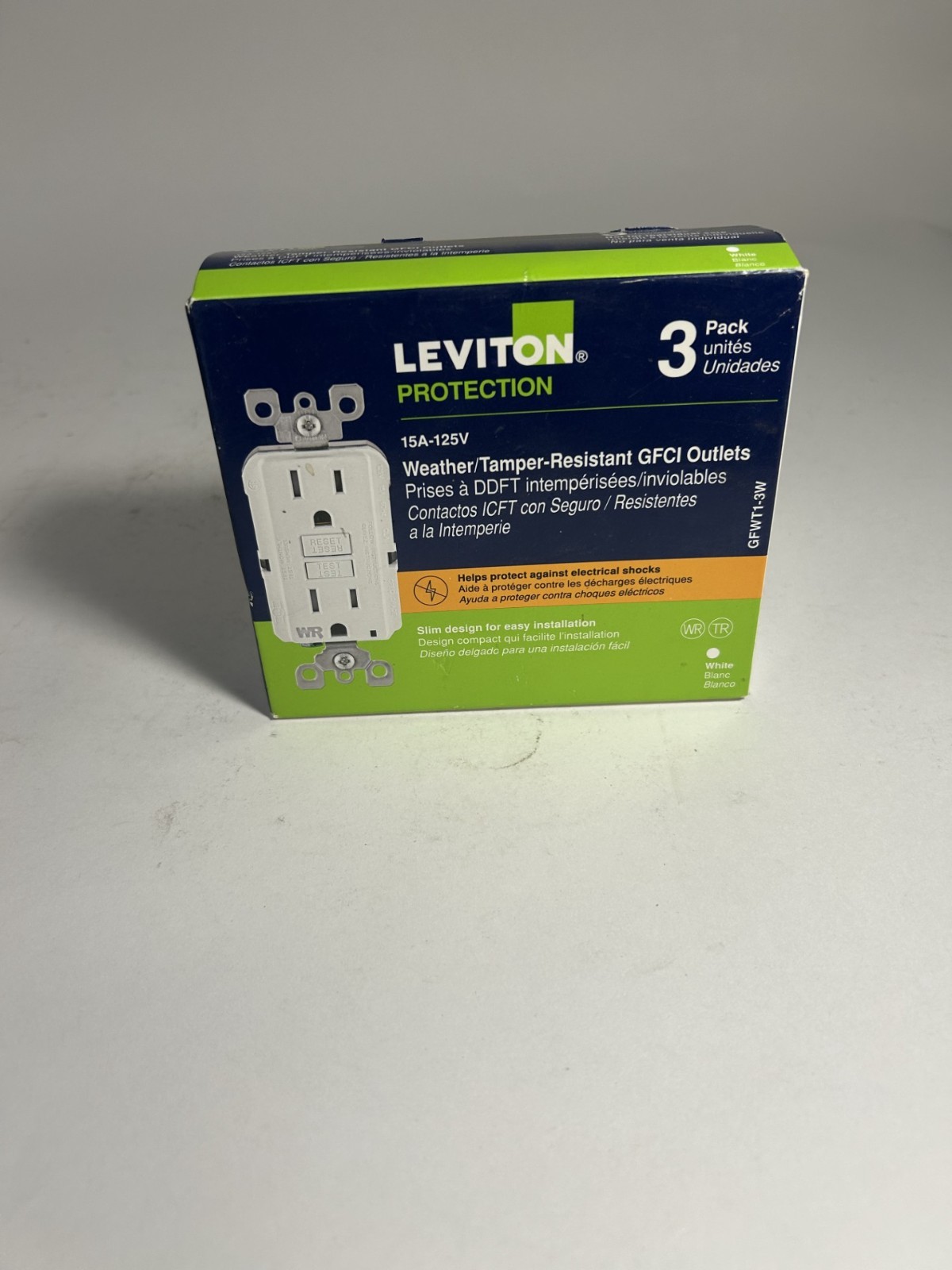 PACK of 3 Leviton GFWT1-W White 15 Amp Slim GFCI Weather-Resistant Outlet