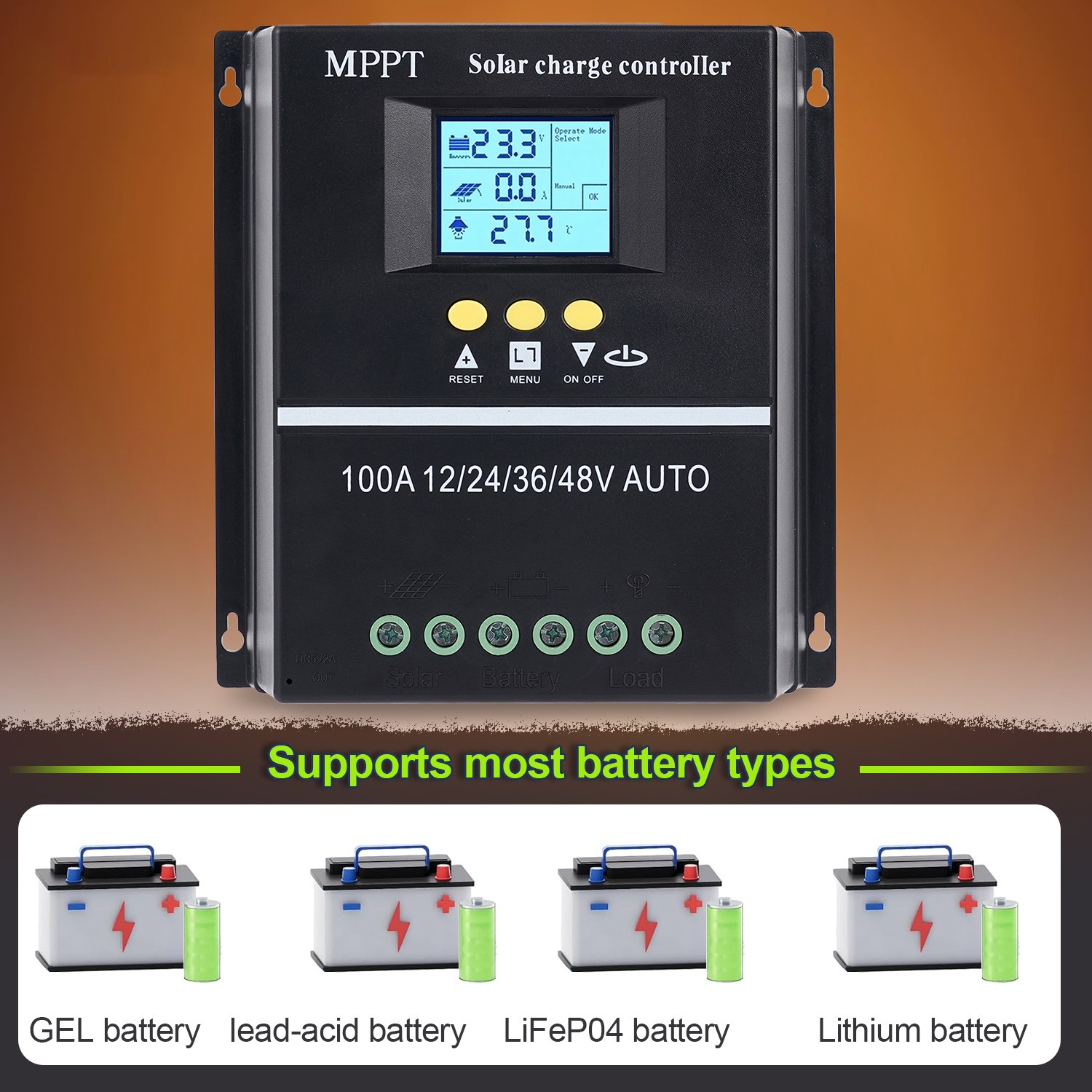 4000W 100A MPPT Solar Charge Controller 12V/24V/36V/48V PV Regulator Auto USB