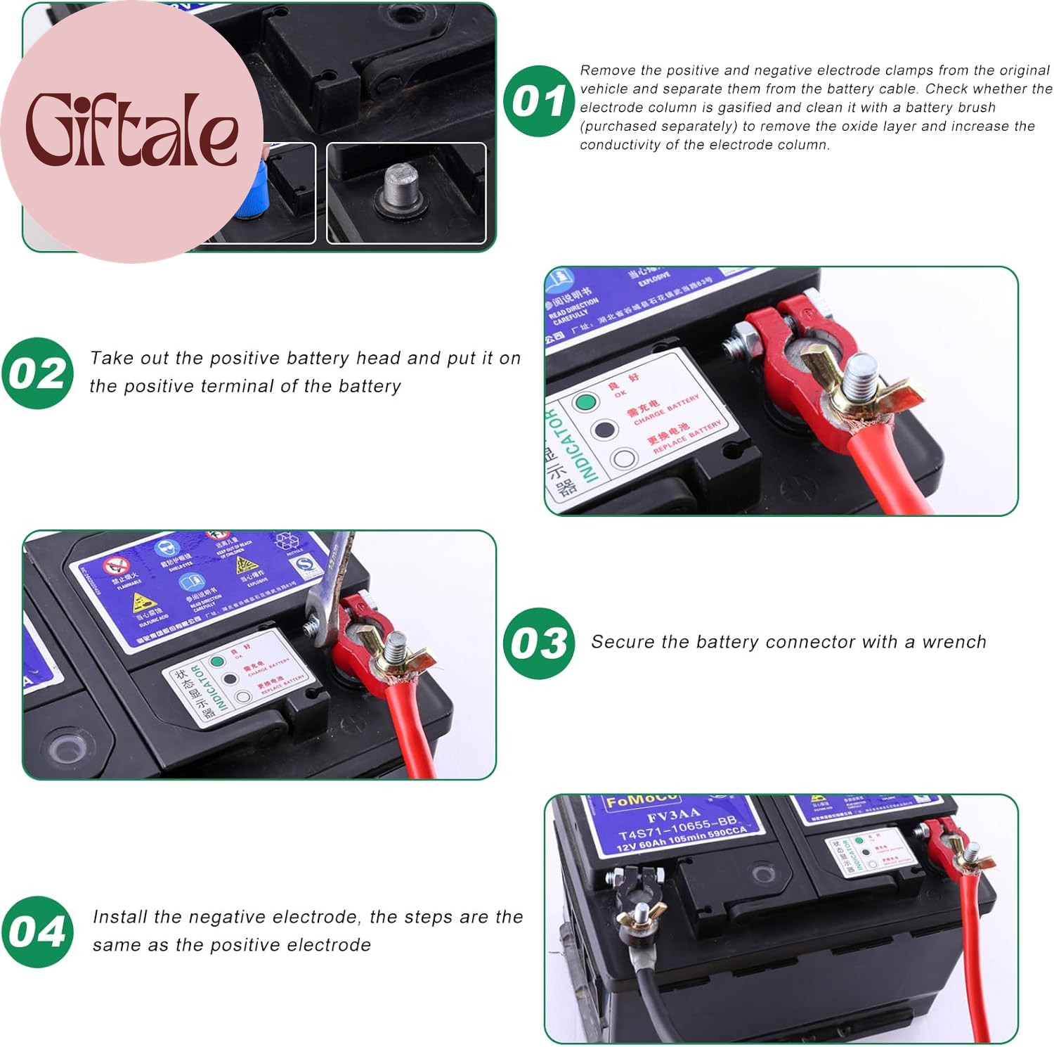 Battery Terminal Connectors, Top Post Battery Terminal Color Coded Clamps Set wi