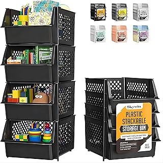 Skywin Stackable Storage Bins Open Front for Pantry Storage, 4 Pack – Black | St