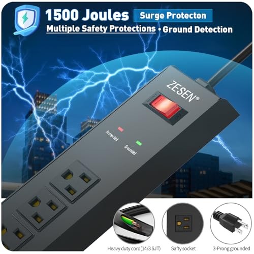 7 Outlet Metal Long Power Strip with Overload Protection & 1500J 12FT Black