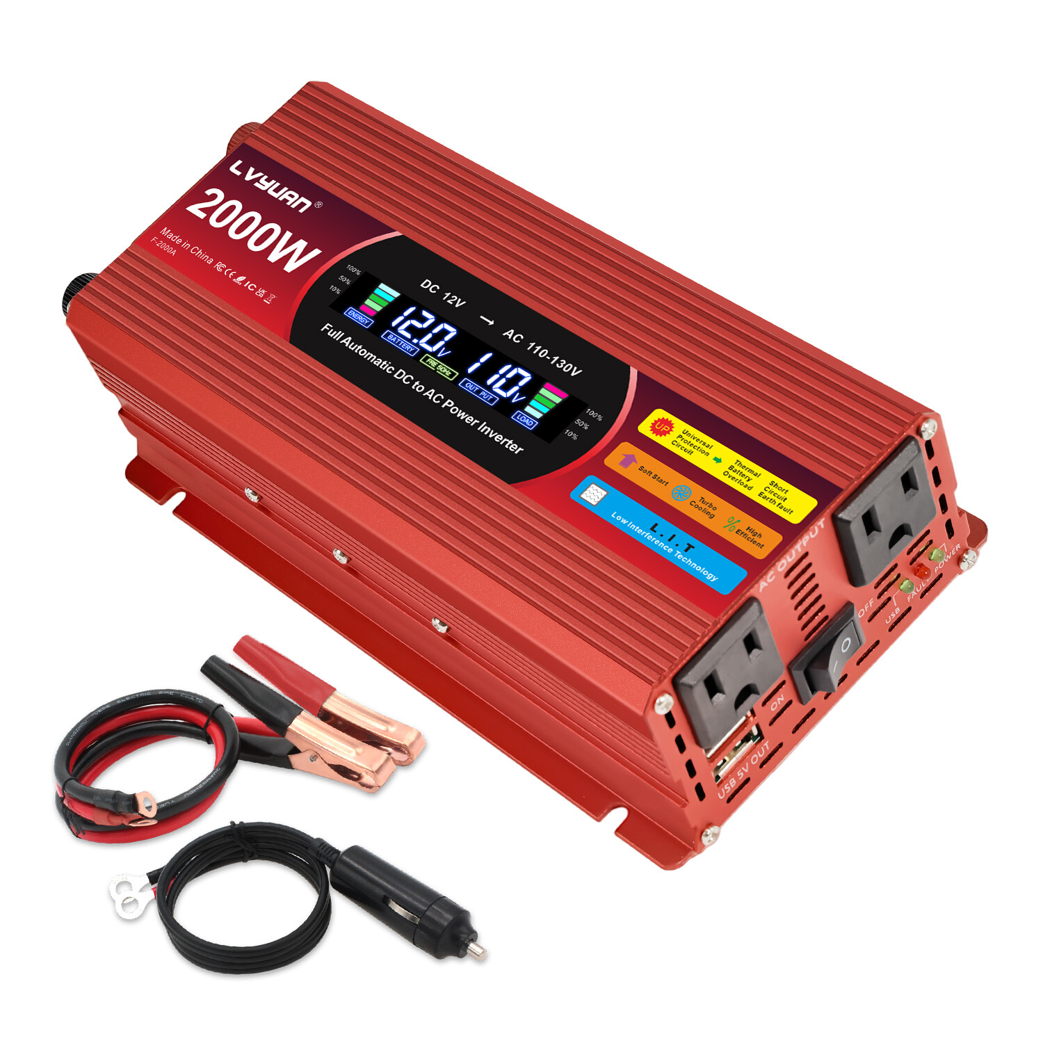 1000W 2000W Power Inverter LCD 2USB 2AC 12V to 110V Converter Adapter Off-gird