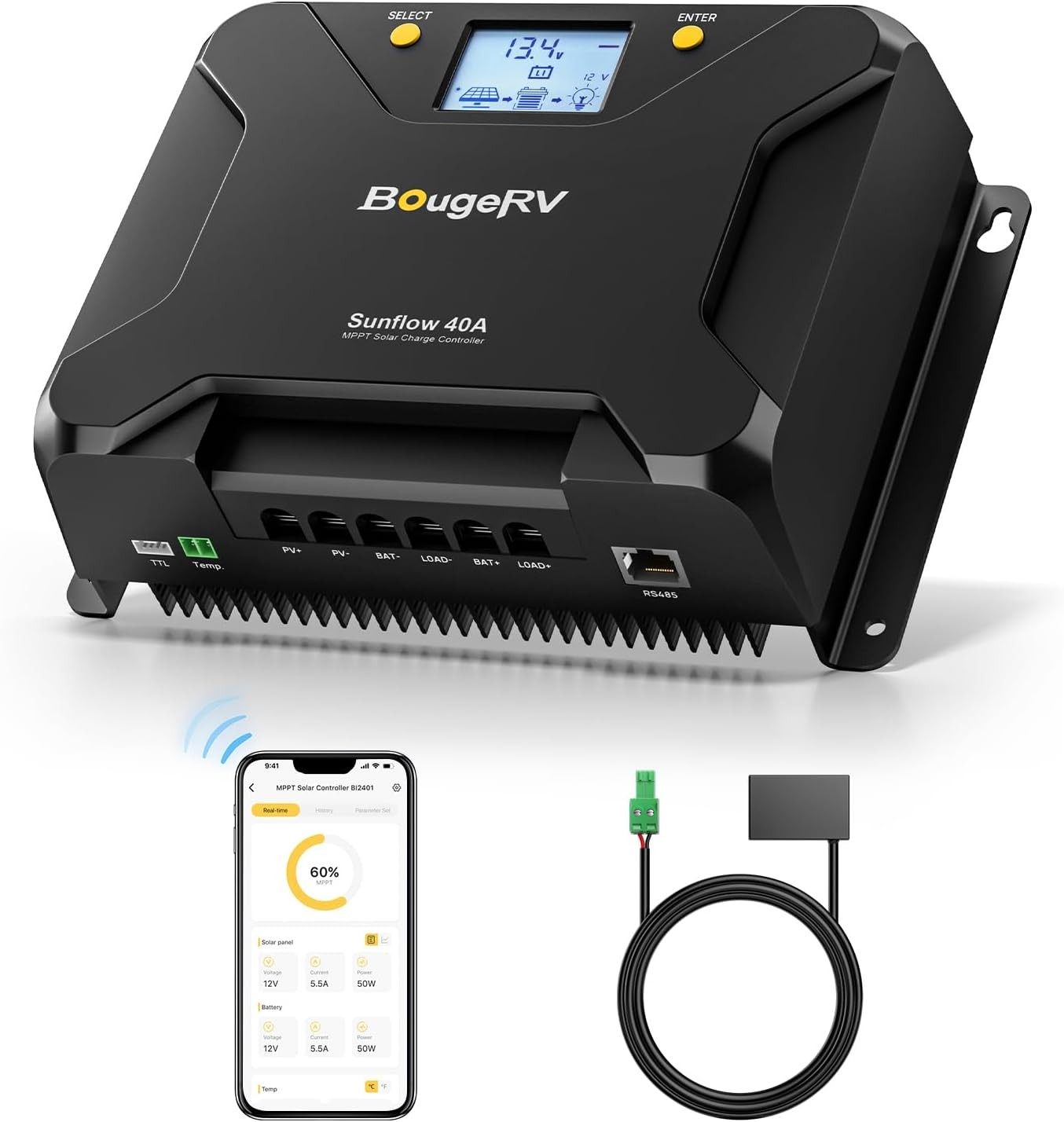 BougeRV MPPT Solar Charge Controller 40A, w/ Low-Temp Cut-Off, APP Control, Back