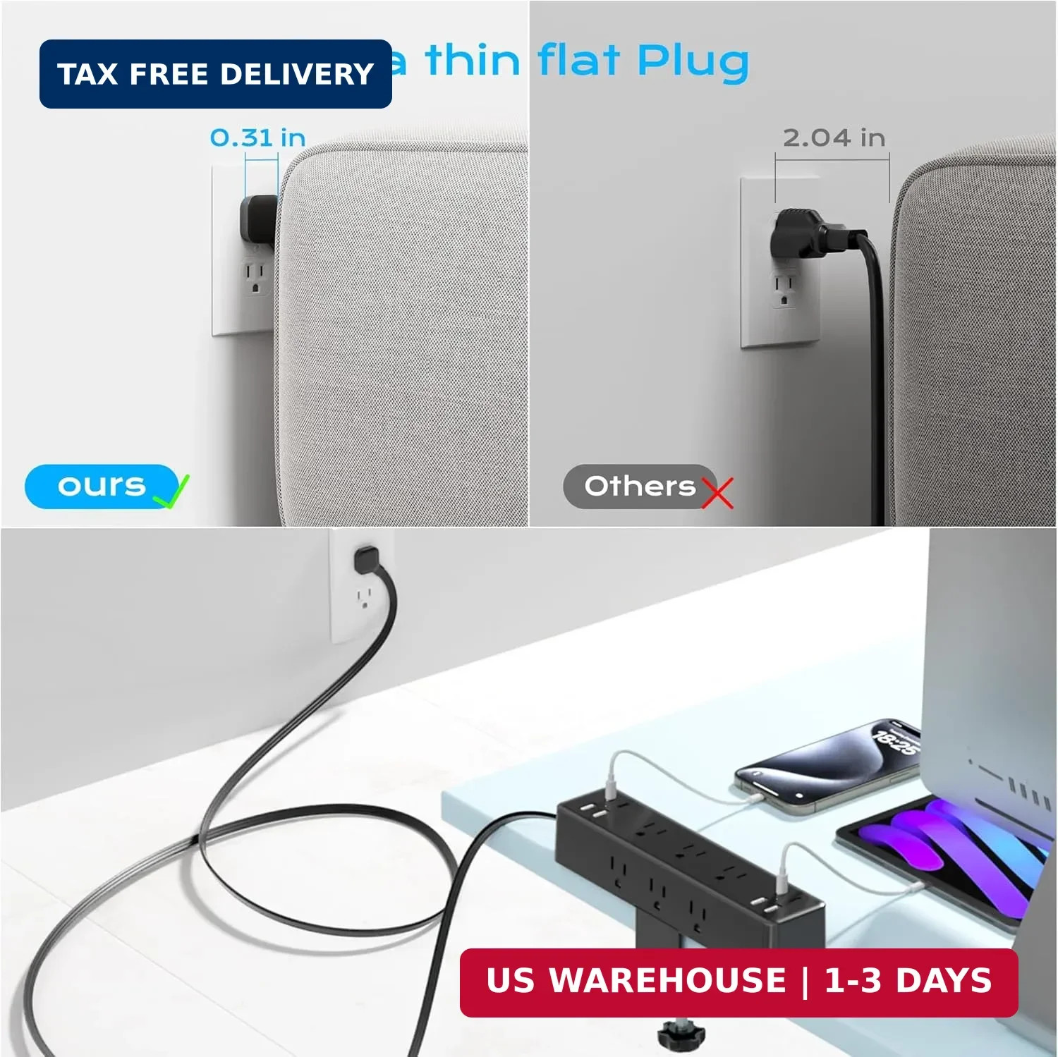 Desk Clamp Power Strip 10FT, 40W Total Fast Charging Station | 9 AC Outlets 8 US