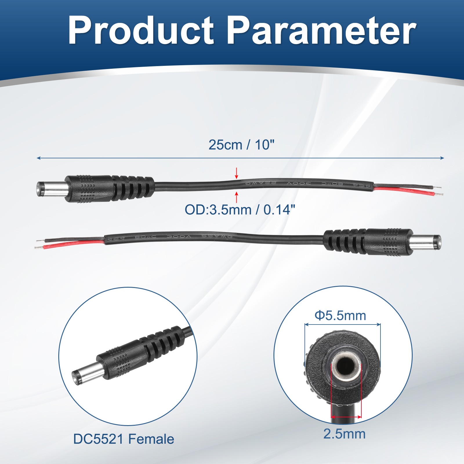 DC Male Connector Cable 10″ 3A DC5525 Male to Pigtail Repair Cable