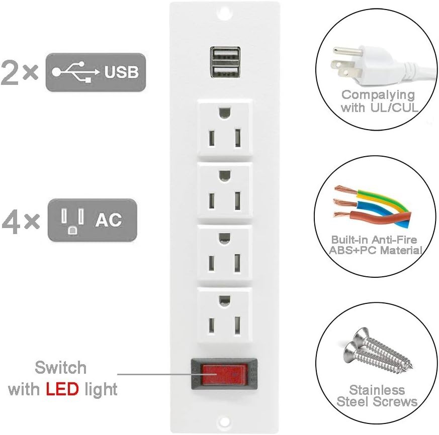 -Certified Recessed Power Strip with On/Off Switch & Scratch-Resistant Finish