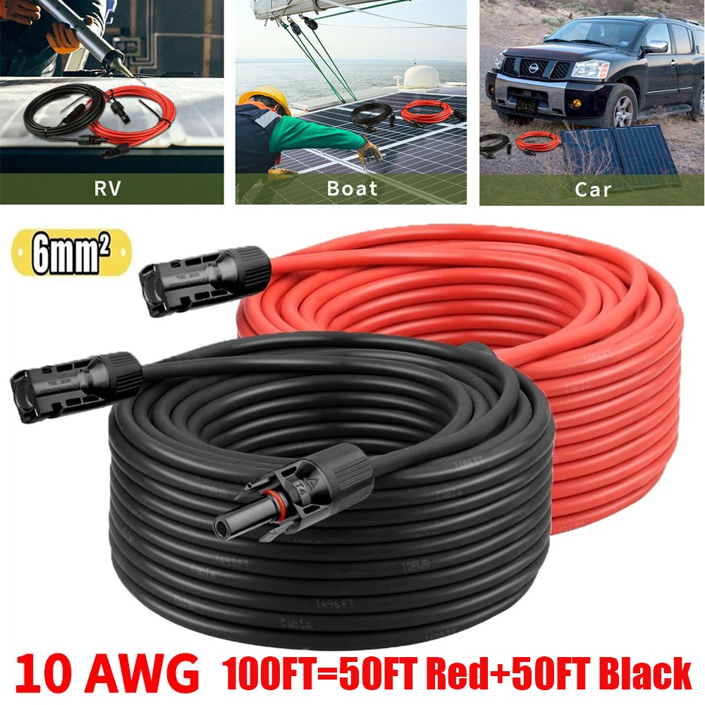 100FT 10 AWG Solar Panel Extension Cable PV Wire Solar Connectors Pair 6mm²
