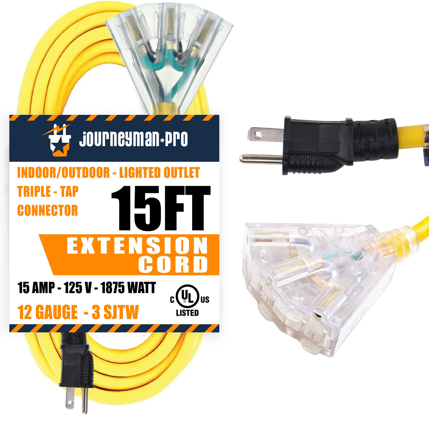 15FT Lighted Outdoor Extension Cord Triple-Tap 3 Way Splitter 15 AMP 12 AWG 15′