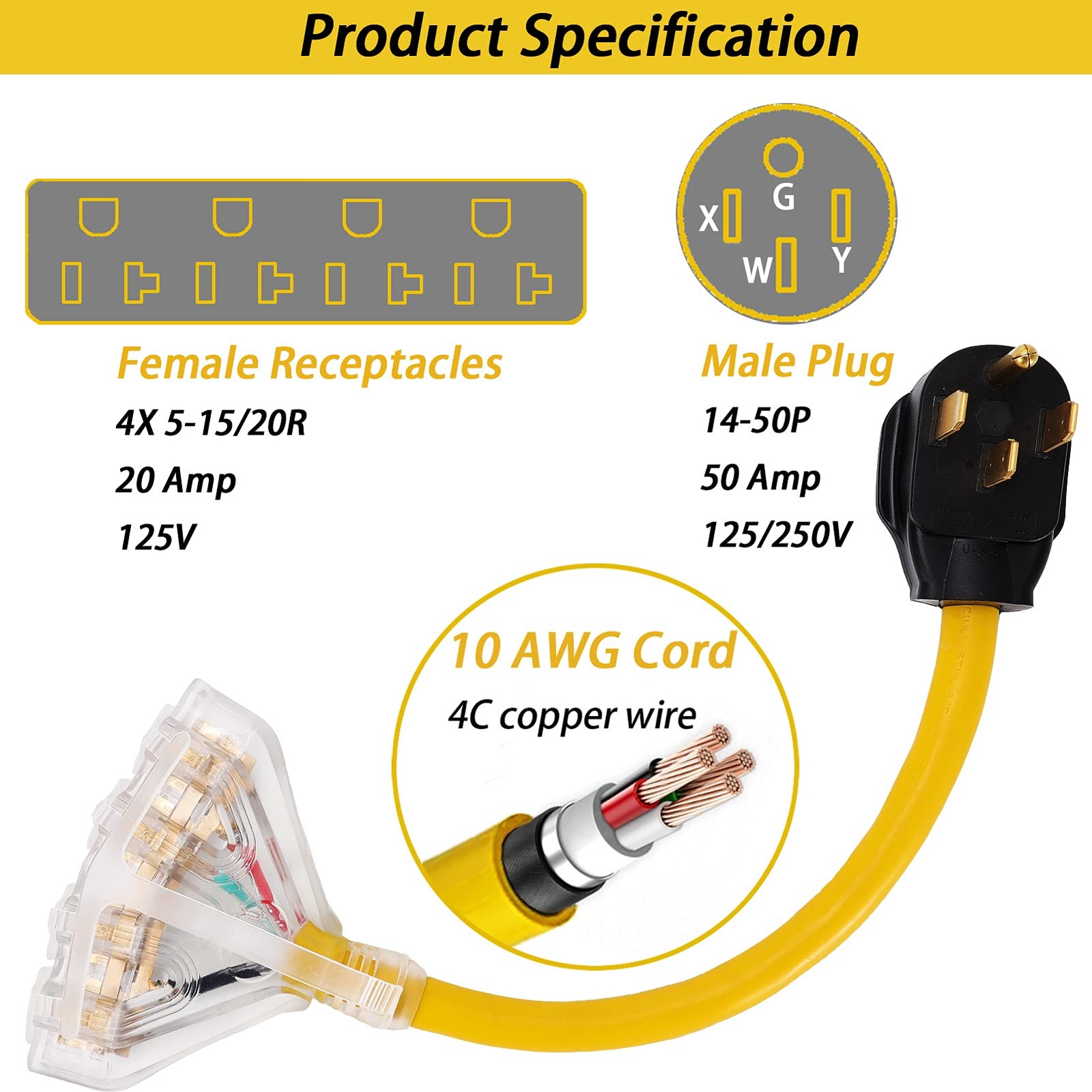 50 Amp to 110V 20 RV Adapter Cord, 4 Prong NEMA 14-50P Male Plug Yellow