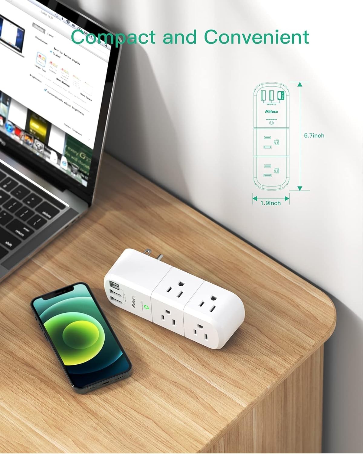 1800 Joules USB Outlet Extender with 6 AC Outlets & 3 USB Ports, Travel Friendly