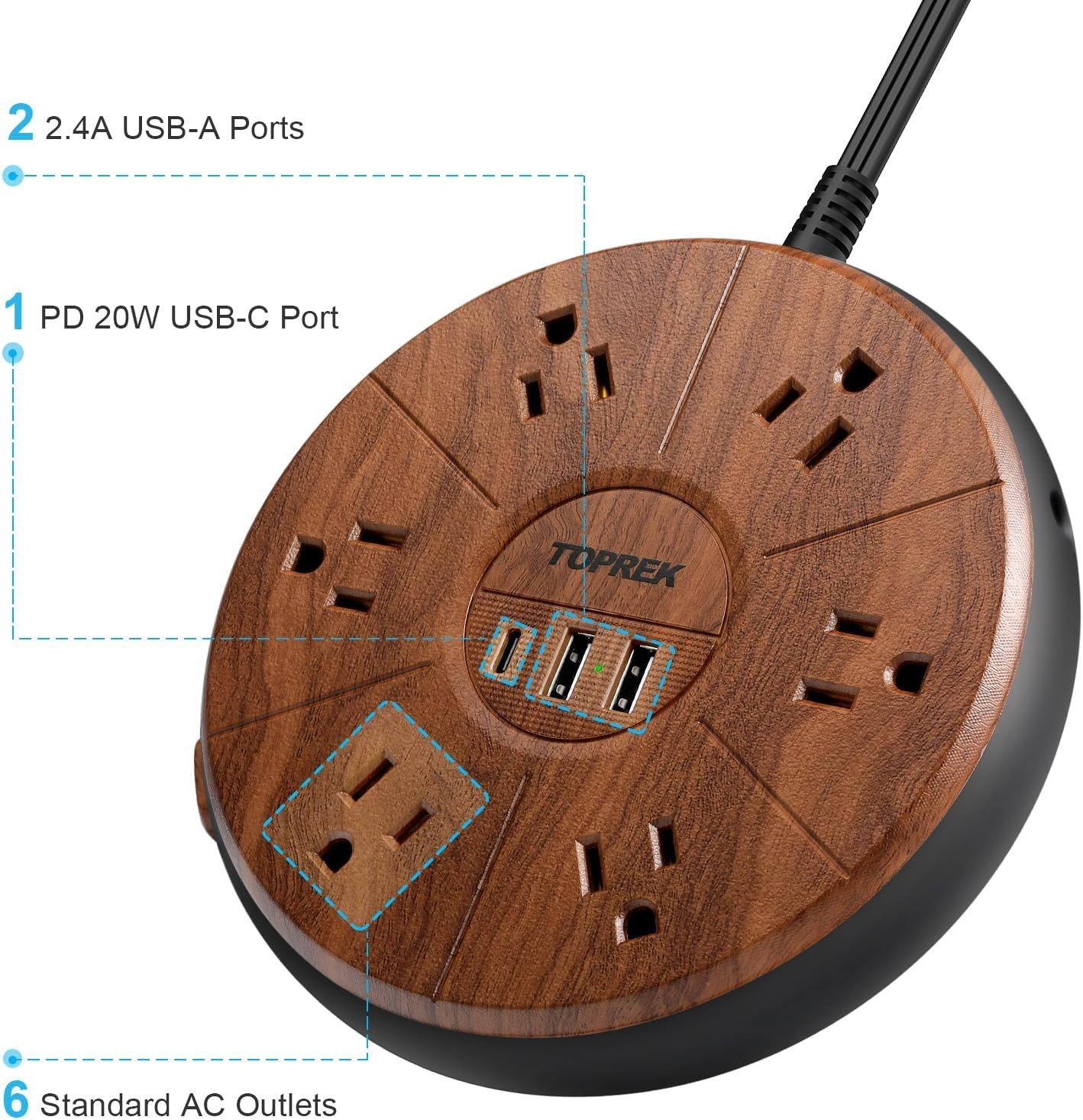 Power Strip with USB – 6 Outlets, 1 USB-C 20W PD, 2 USB-A – Wood Finish Power…