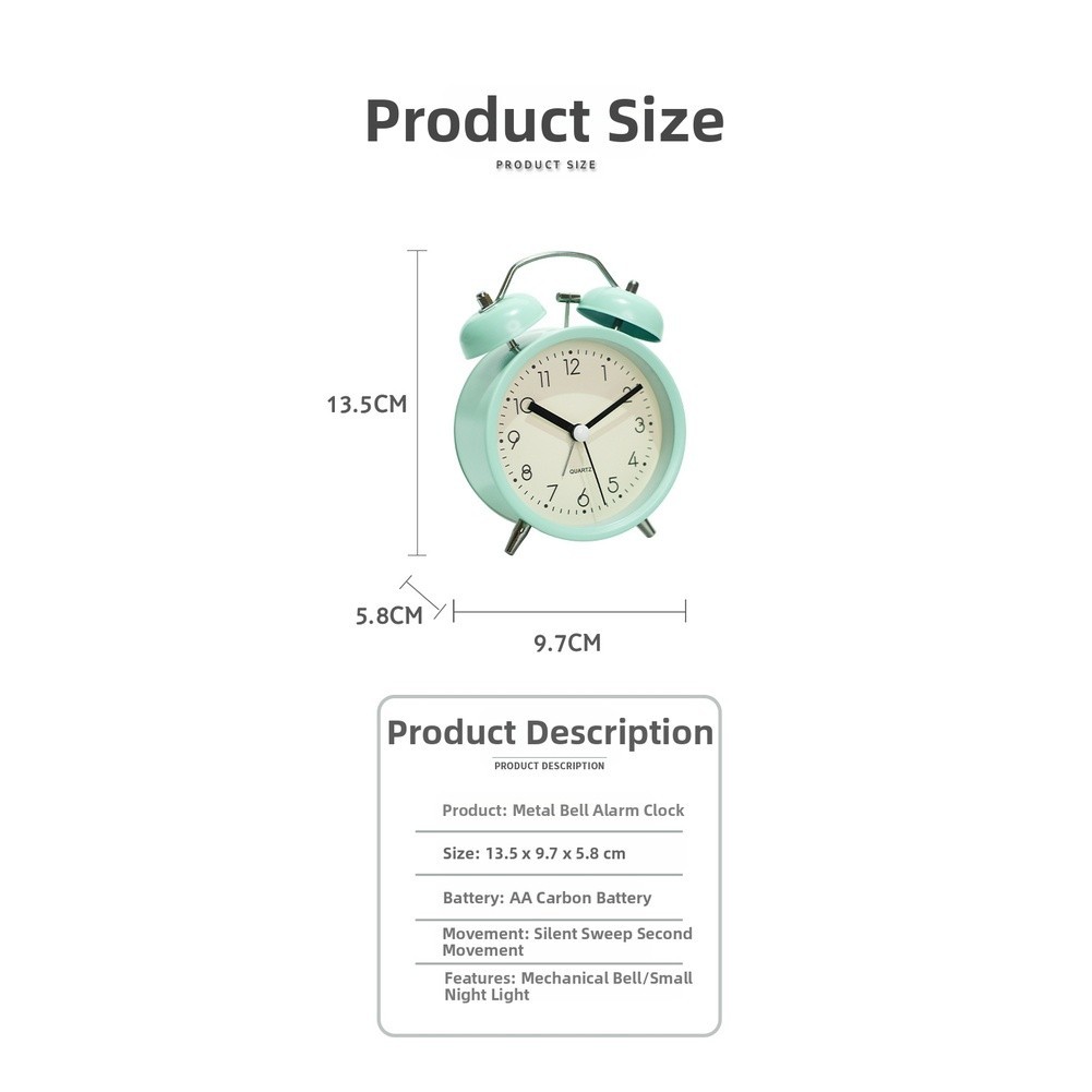 Student Alarm Clock Metal Casing Glow in Dark Silent Sweep Second Hand