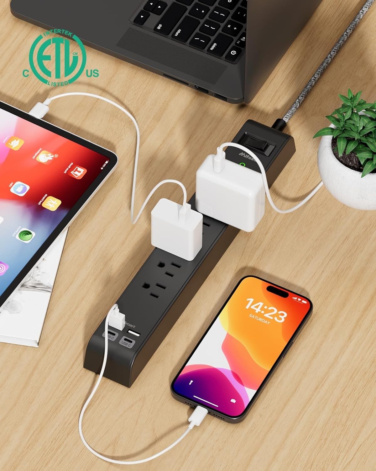 5 Ft Braided Extension Cord Surge Protector, 6 Outlets + 4 USB Ports, 900 Joules