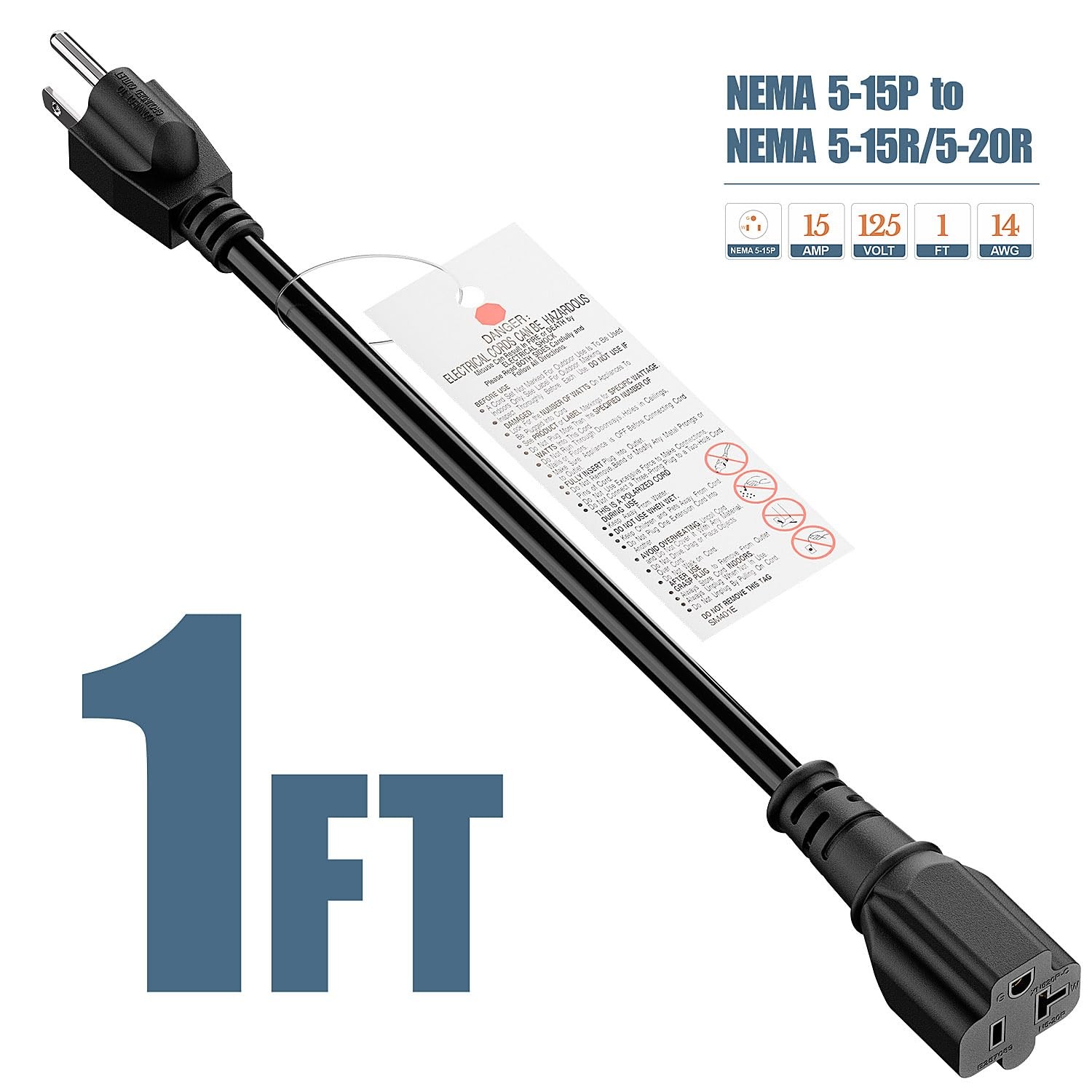 1FT NEMA 5-15P to 5-15R / 5-20R Adapter Cord, 15Amp to 20Amp Plug Adapter Cab…