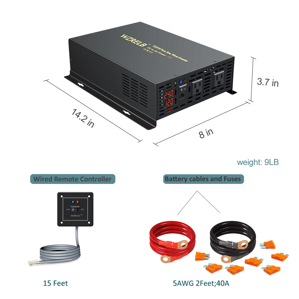 24V to 120V Pure Sine Wave Inverter 1500W Home Solar System Car RV Remote Switch