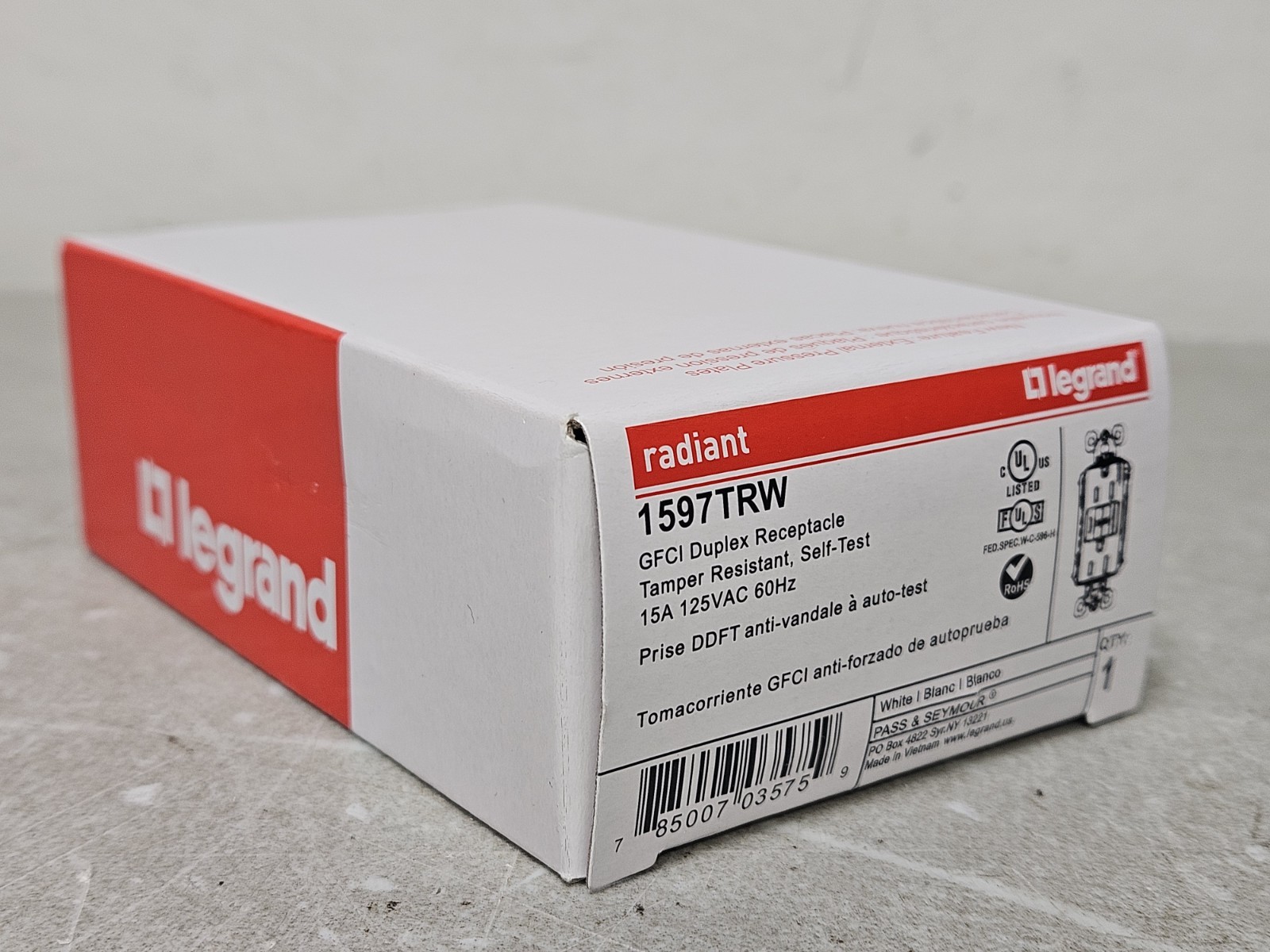 Legrand Radiant 1597-TRW 15A Self-Test GFCI Receptacle Outlet Tamper Resistant