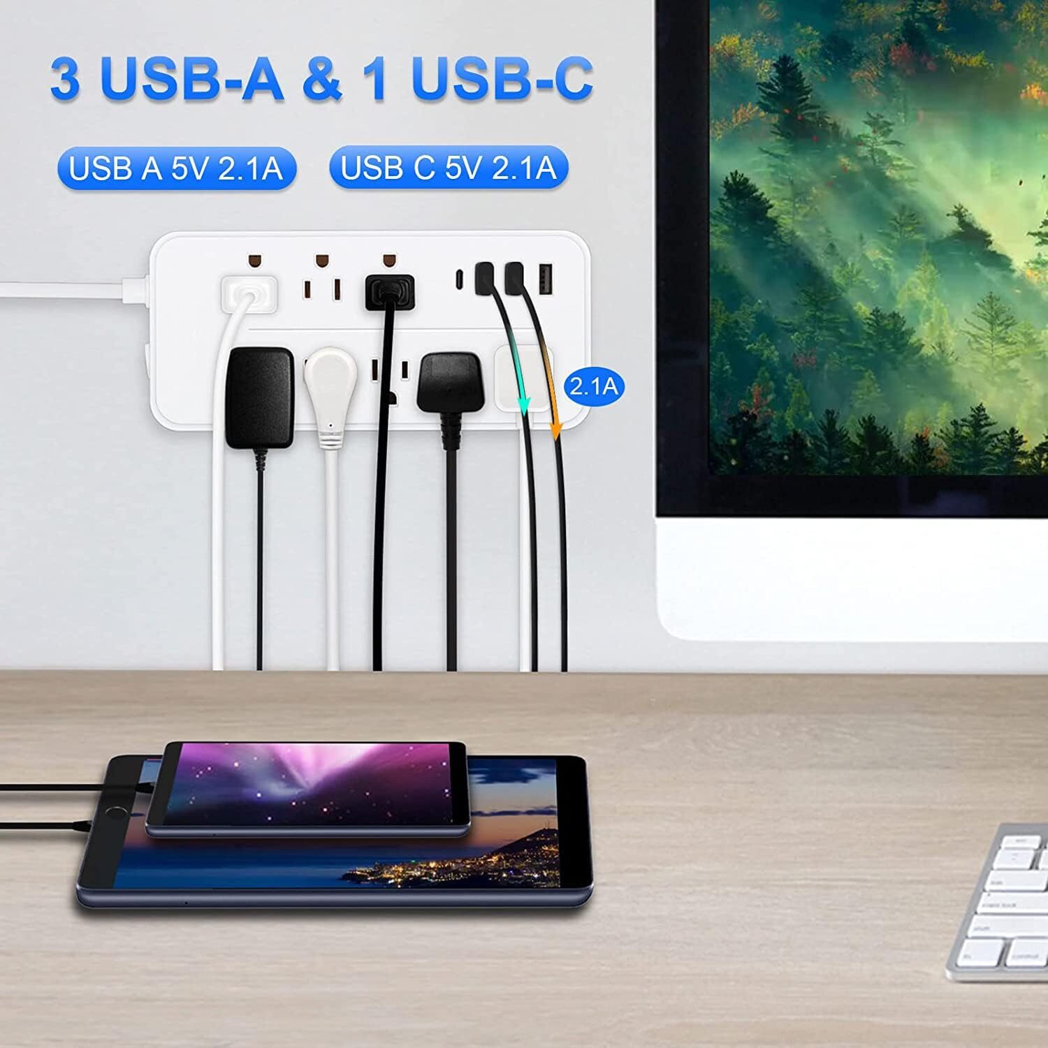 US Power Strip Surge Protector 8 AC Outlets 3 USB Ports + Type C Port 4 FT Cable