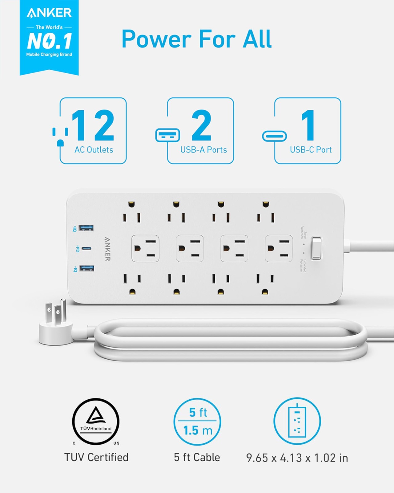 Anker Power Strip with 2100J Surge Protector, Outlet Extender, 5 FT, White