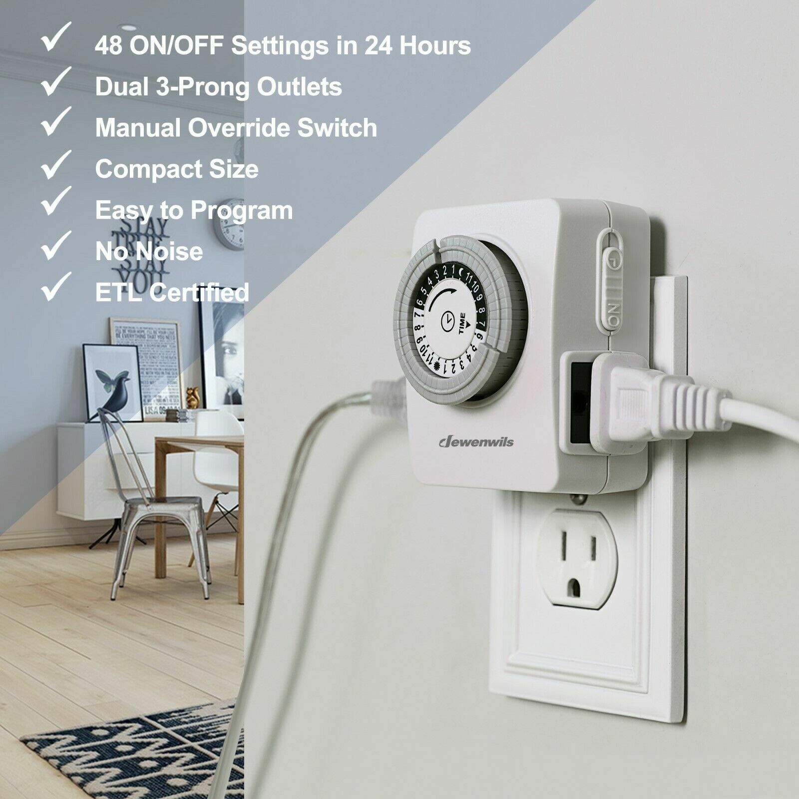 DEWENWILS 2x Indoor 24-Hour Plug In Grounded Daily 2 Outlet Timer Light Switch