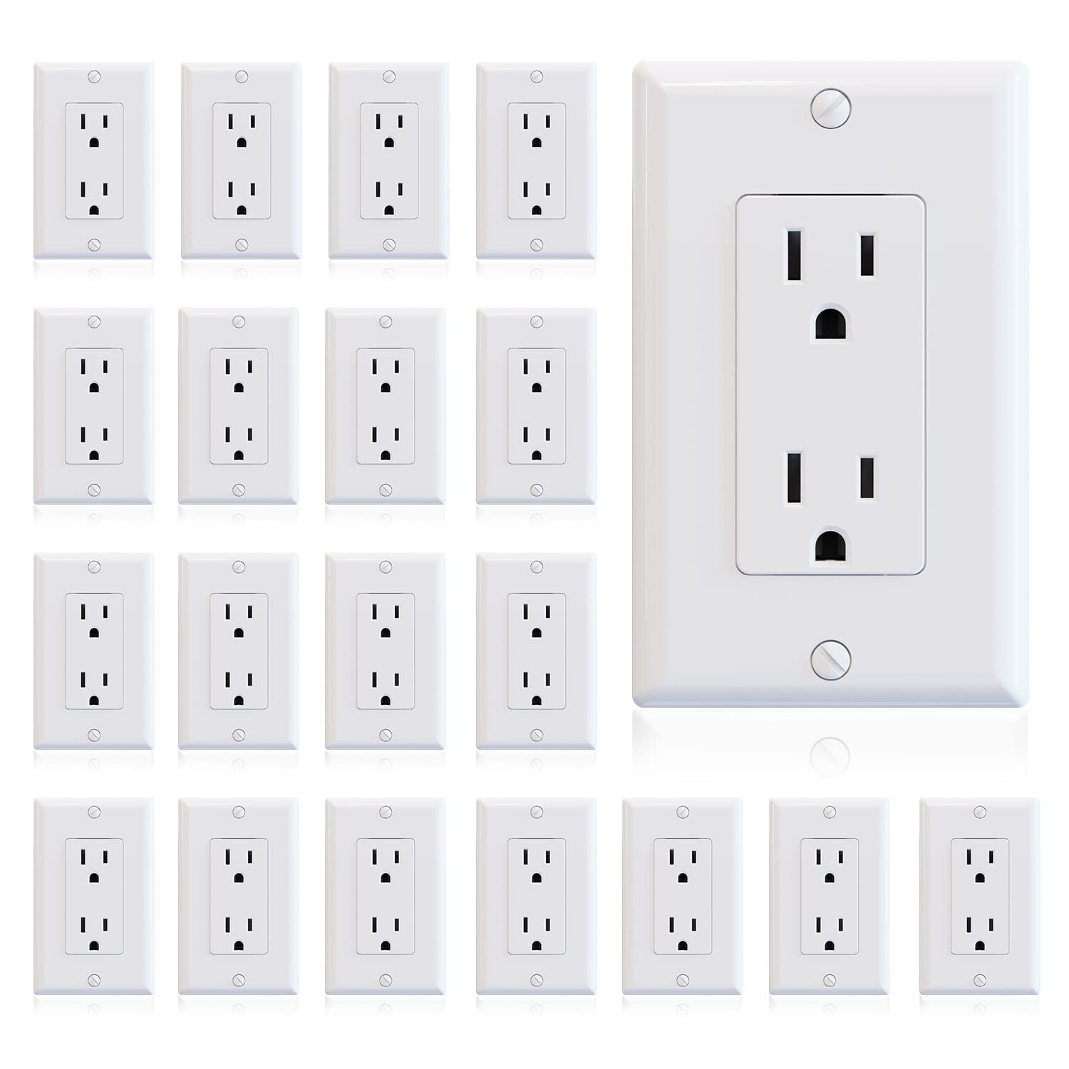 Glossy White 15A 125V Wall Outlet, 2-Pole 3-Wire, Self-Grounding, 20 Pack