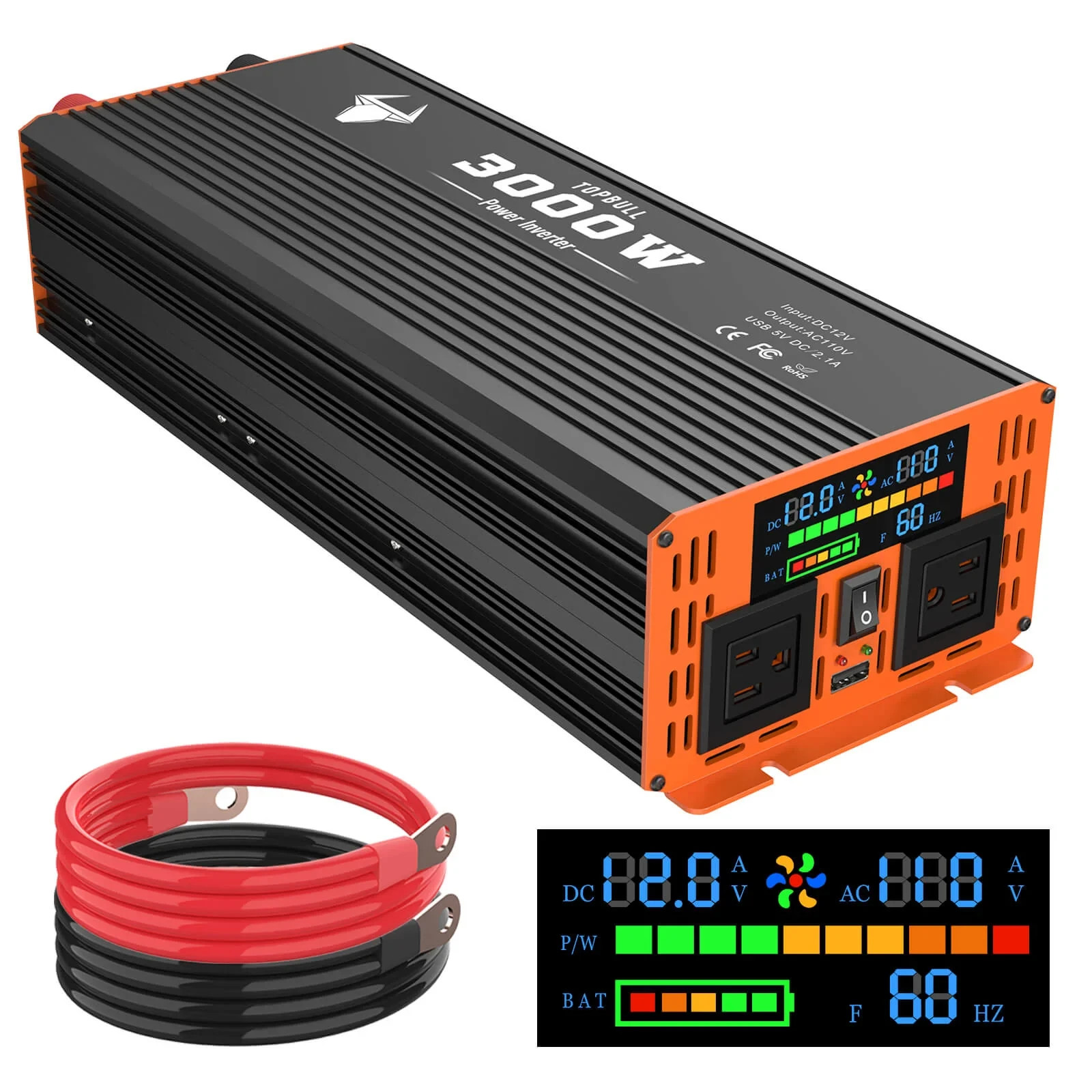 TOPBULL Modified 12VDC-110VAC Pure Sine Wave 3000W Power Inverter,Remote Control