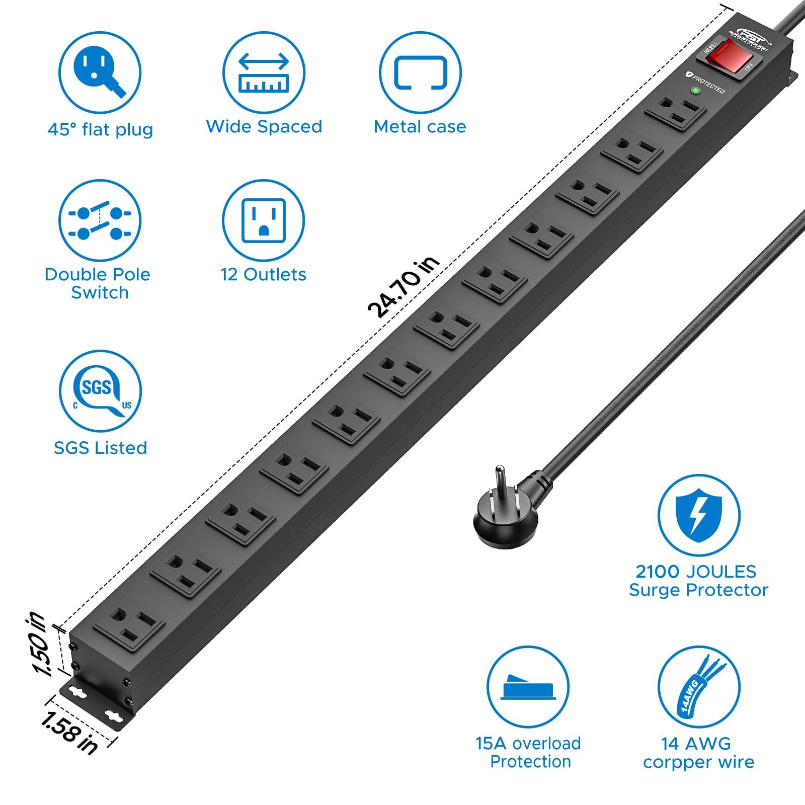 12 Outlet Metal Power Strip Surge Protector 2100J Wide Spaced 6Ft Cord 15A/1875W