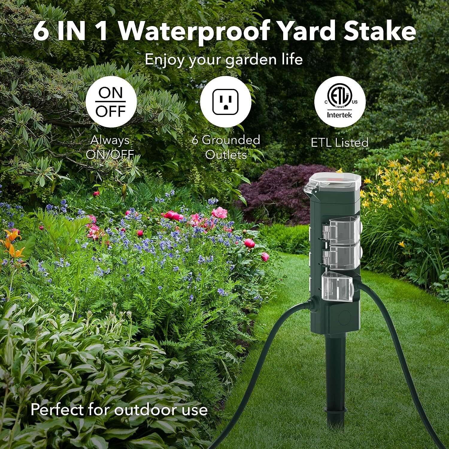HBN Outdoor Power Strip Yard Stake with 6ft Extension Cord,Outside Multiple Plug