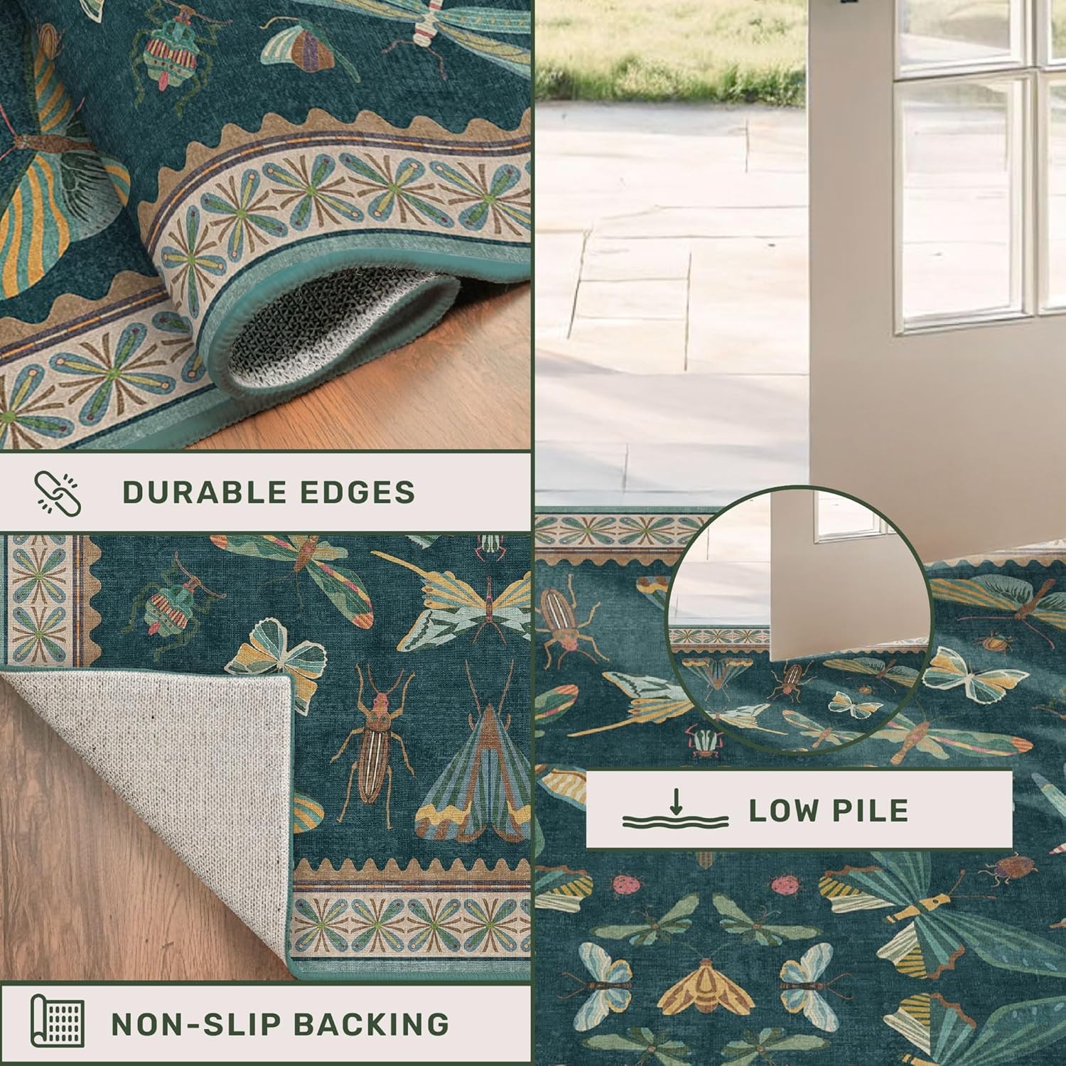 Vintage Teal Area Rugs for Living Room 6×8 – Floral & Butterfly Pattern Dining