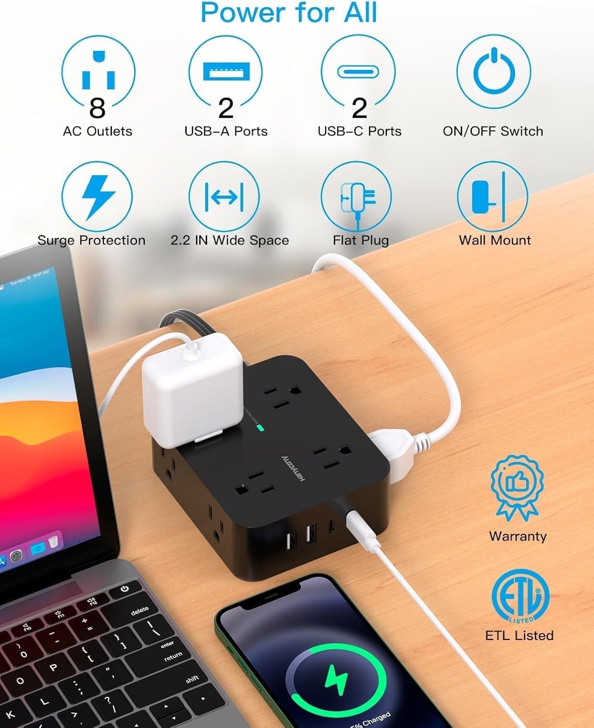Compact 8-Outlet Power Strip & Dynamic USB Charger with 1080J Protection, Black
