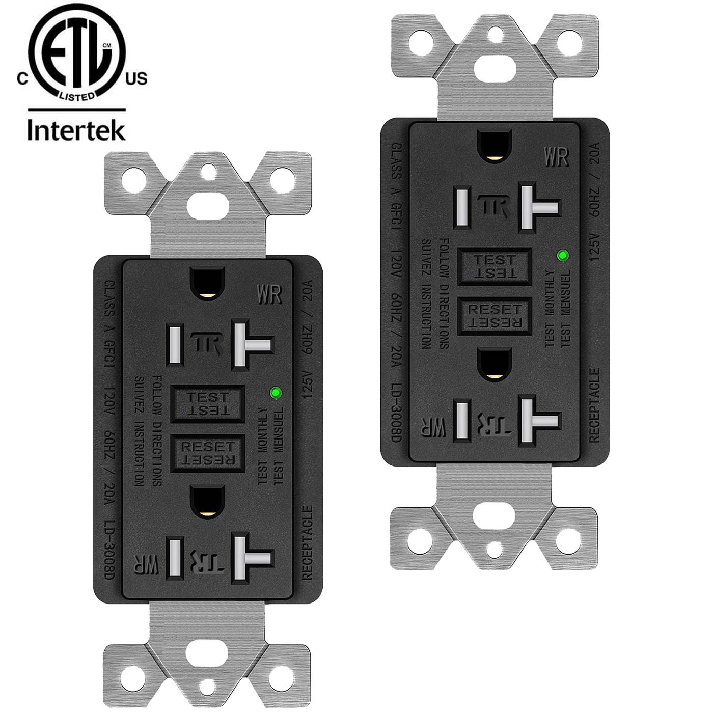 20 Amp Ground Fault Receptacle GFCI Outlet LED Indicator TR WR ETL Certified × 2