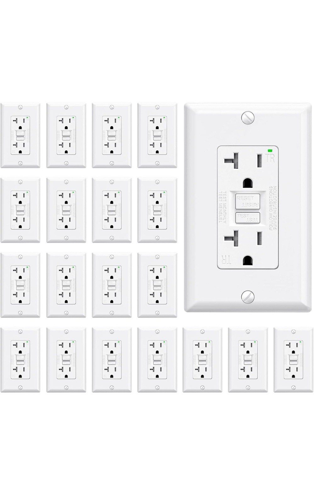 20 Pack ELEGRP GFCI Outlet 20 Amps Self-Test GFI Electrical Outlet Narrow Design