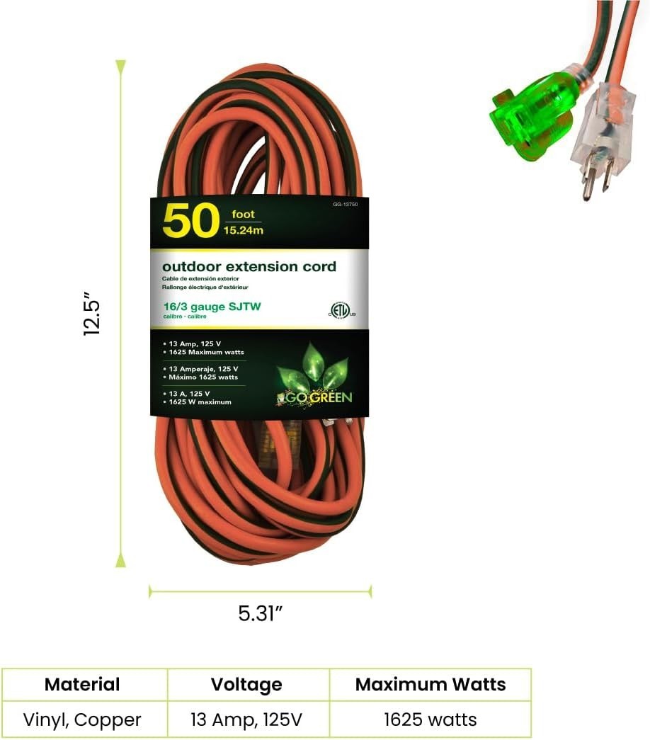 Outdoor Essential: Go Green 50-Foot Heavy-Duty Extension Cord with Lighted End