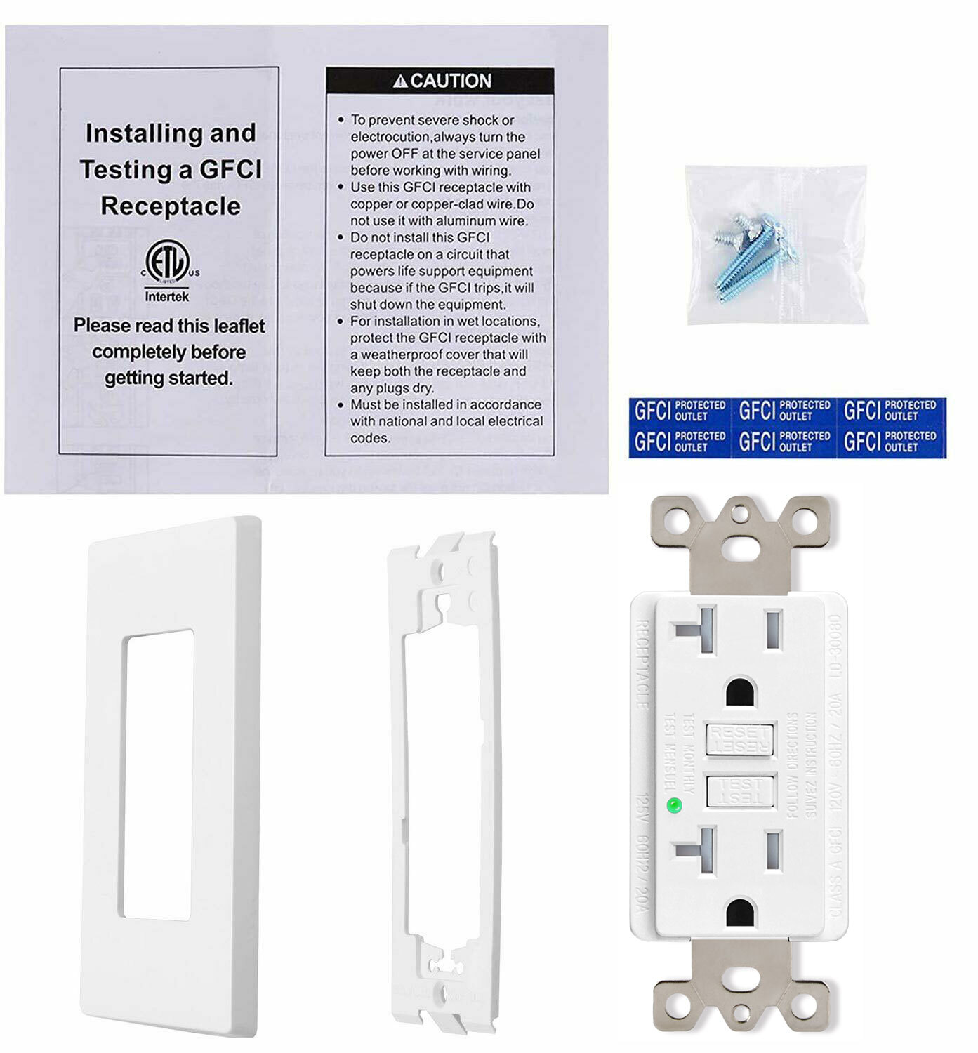 20AMP GFCI Outlet w/ LED Indicator & Wallplate White Non-TR Residential Grade US