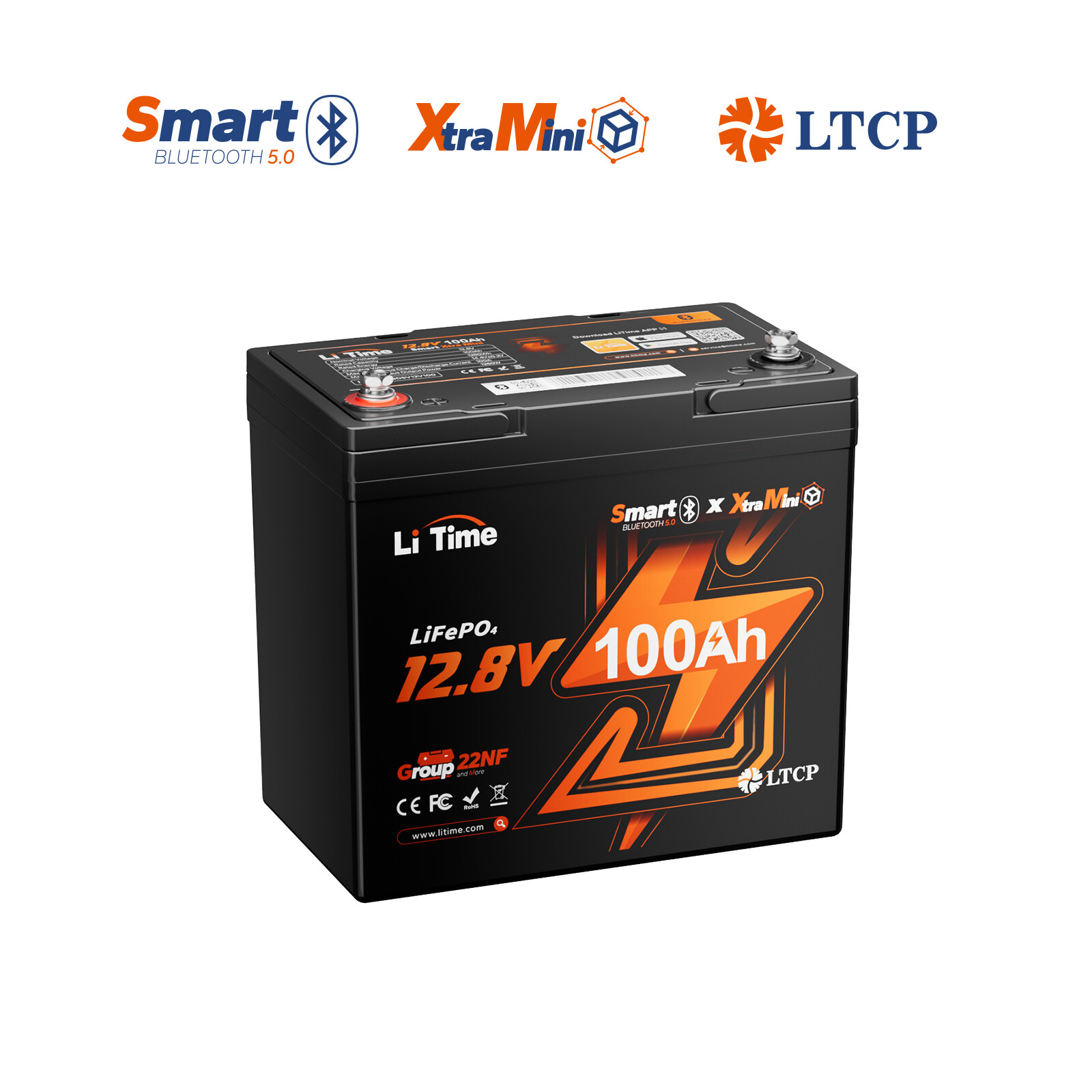 LiTime 12V 100Ah Xtra-Mini Bluetooth Small Lithium LiFePO4 Battery for RV Marine
