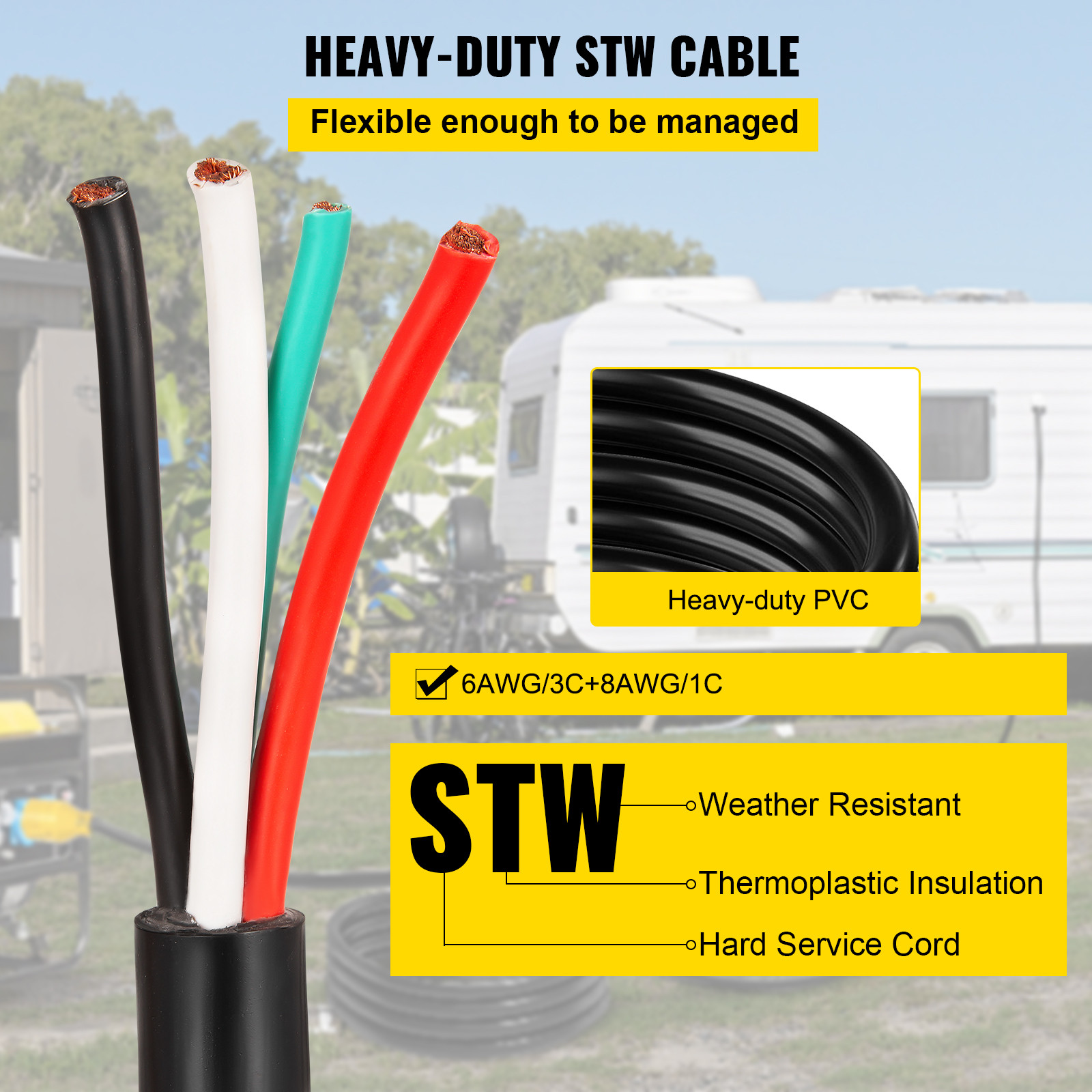 VEVOR 50A 50ft RV/Generator Extension Cord N14-50 to Bare Wire STW 6/3+8/1 Cable