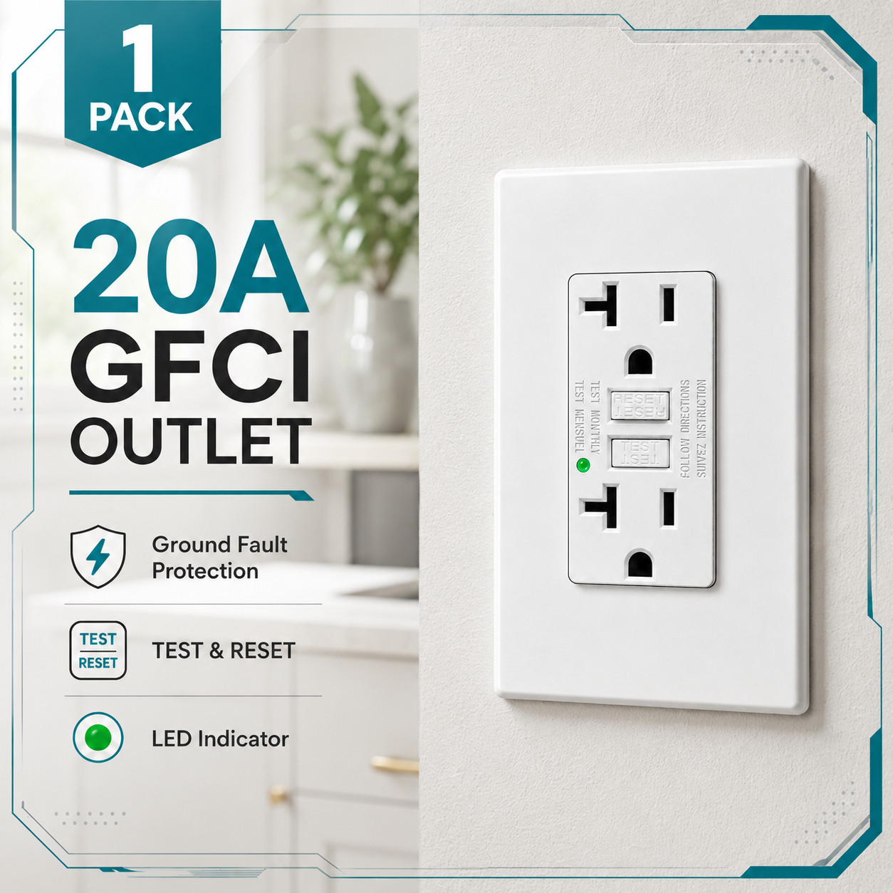 1PK 20A GFCI Electrical Receptacle Non TR with LED Indicator Wall Plate ETL