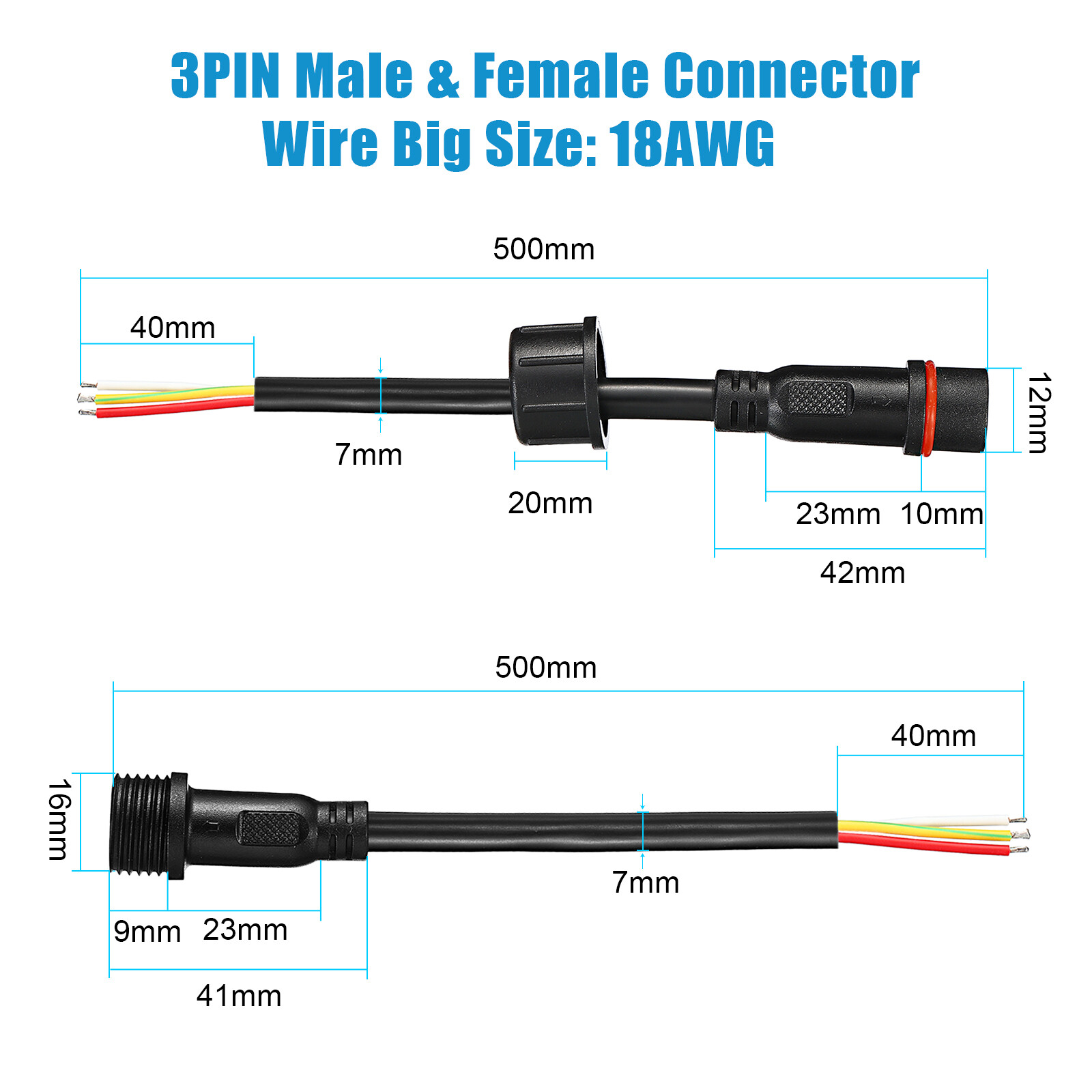 10pairs 3 Core 3 Pin Waterproof Connectors 18AWG IP65 50CM Male Female LED Cable