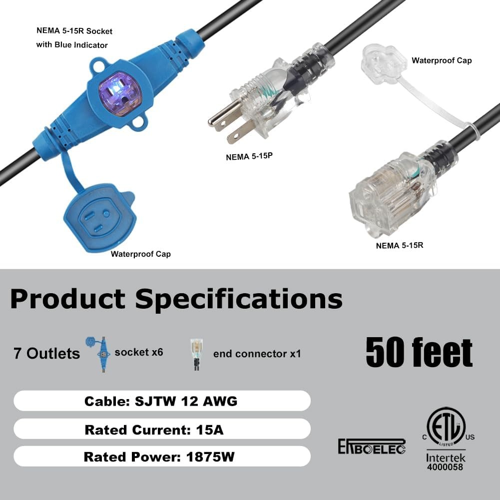 50 Feet Multi Outlet Extension Cord 12 Gauge,7 Nema 5-15R Evenly Spaced Outlets