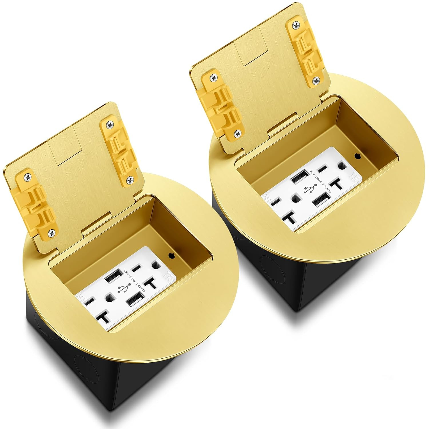 Gold Recessed Floor Outlet Kit with USB Chargers – 2 Pack, Waterproof, ETL Liste