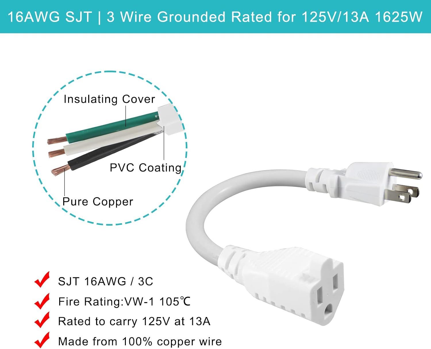 6 Inch Mini Indoor Grounded 3Prong Power Extension Cord 16AWG Small