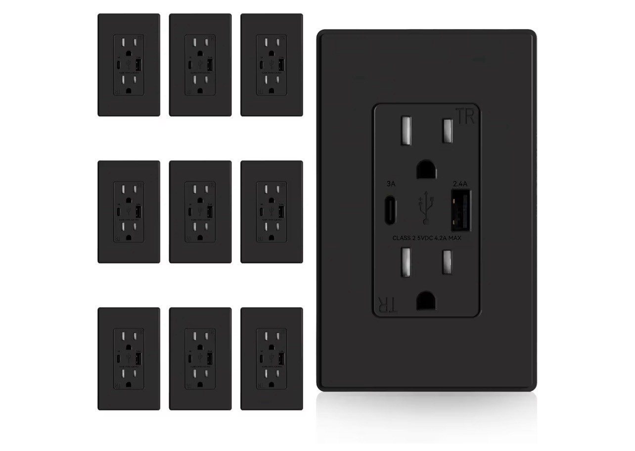 USB Charger Wall Outlet, USB Receptacle w/ Type A & Type C USB Ports 10 Pack