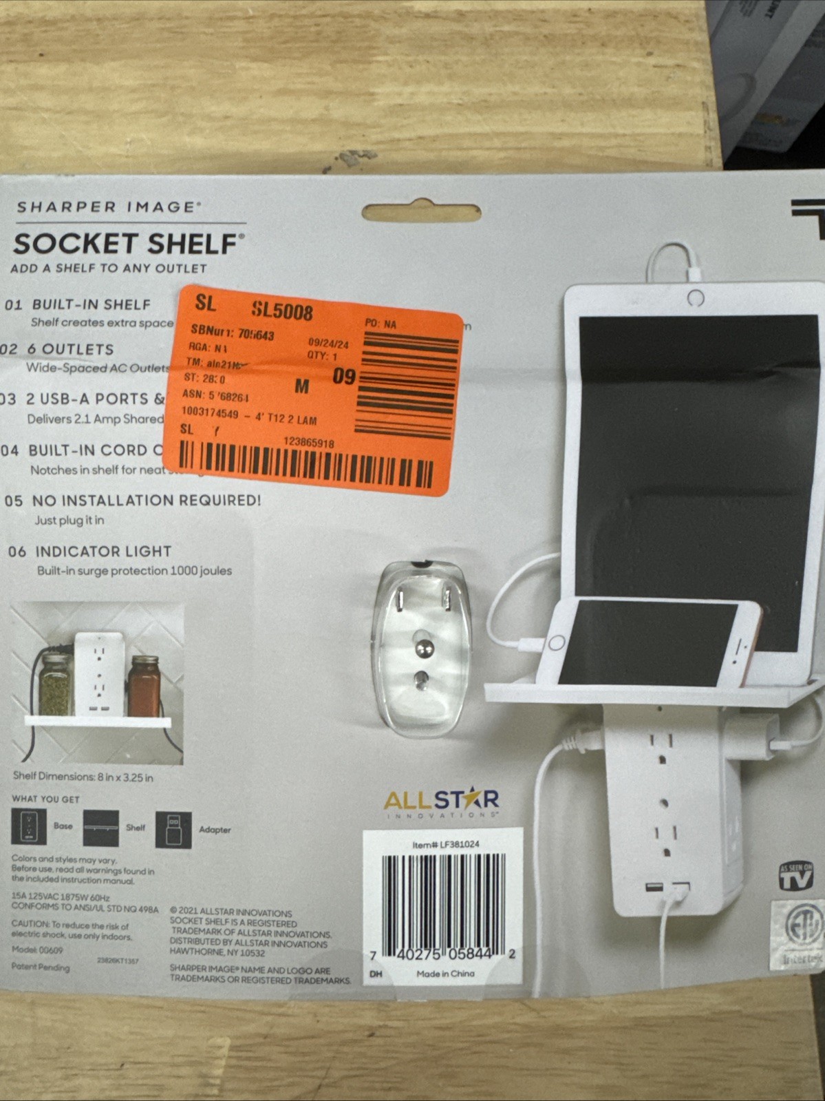 Sharper Image6-Outlet Cordless Wall Extender Socket SHELF