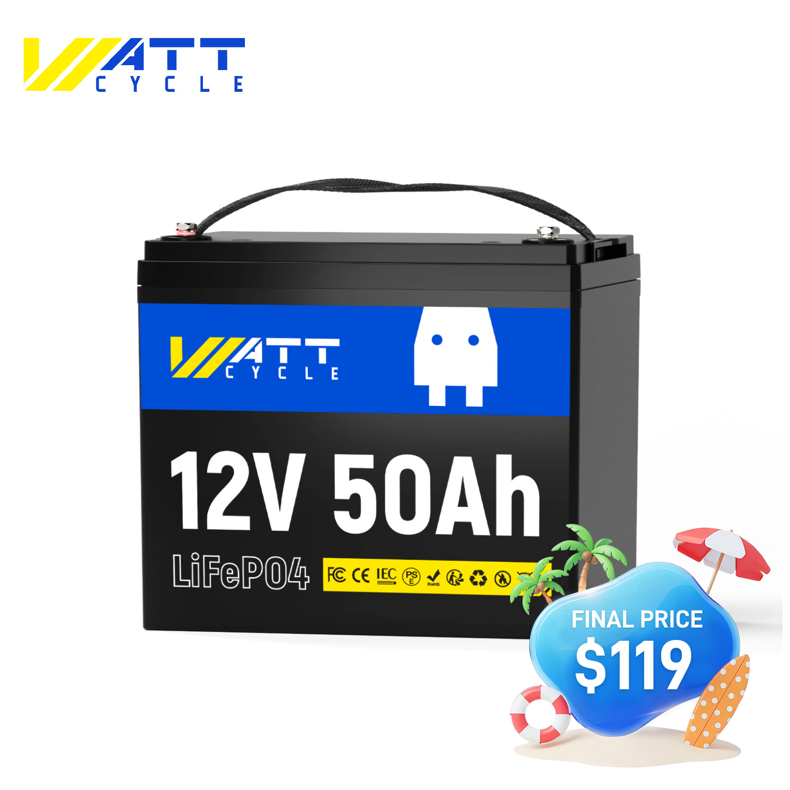 Wattcycle 12V 50Ah 50A BMS 640Wh LiFePO4 Lithium Battery Deep Cycle for Solar