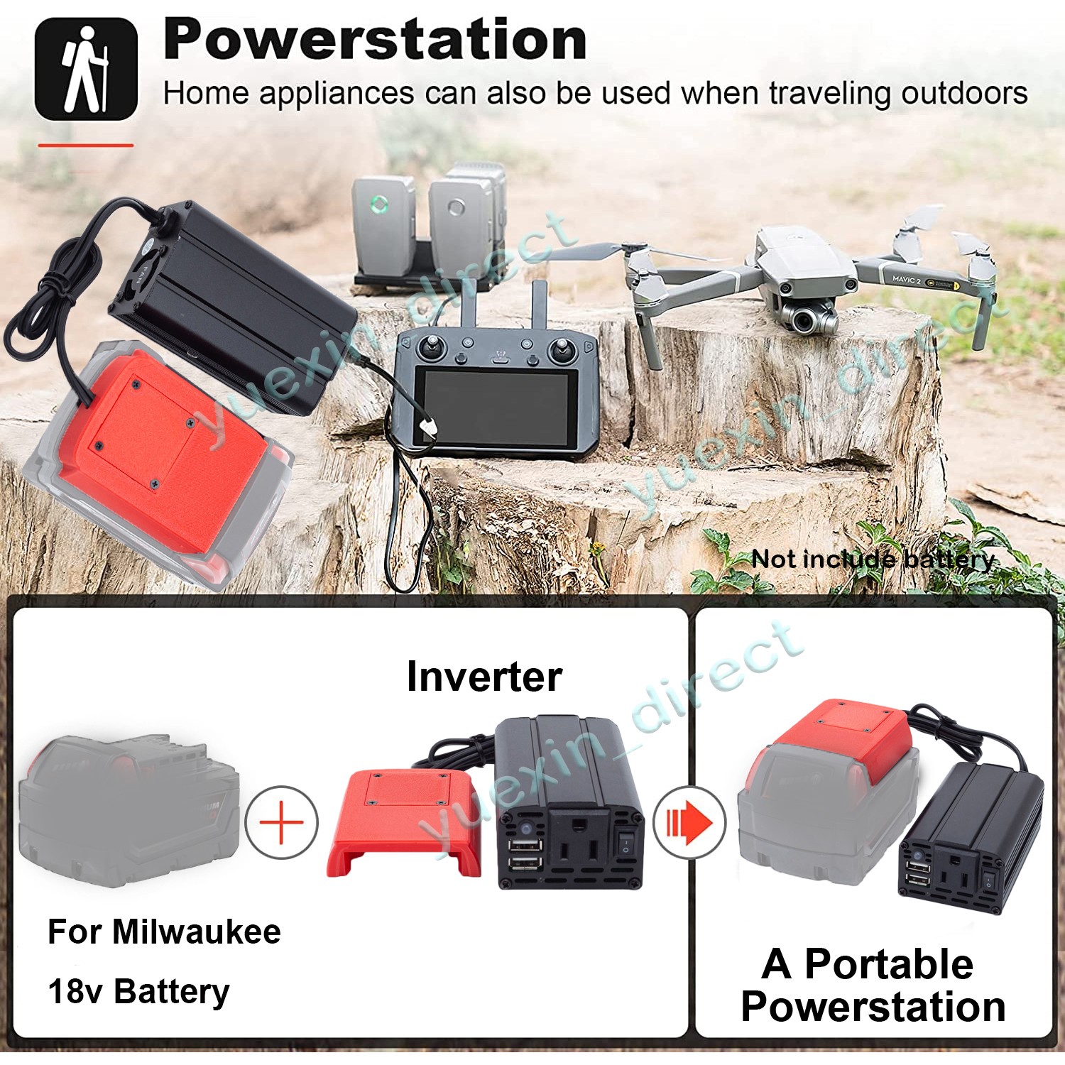 Power Inverter AC Outlet Adapter For Milwaukee 18v Battery DC 18V to 110V AC