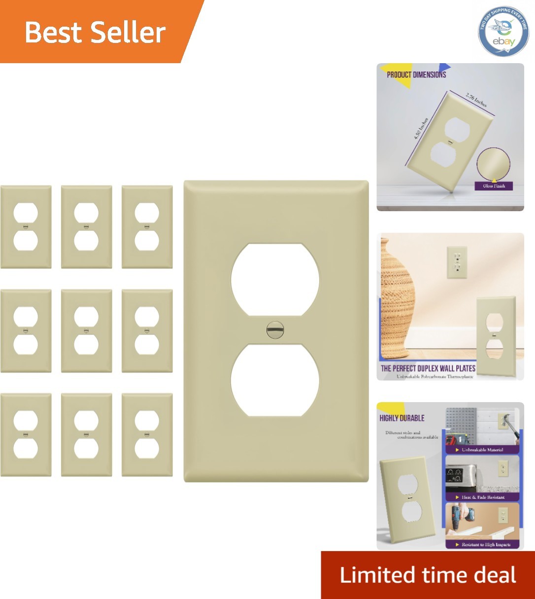 Standard Size Duplex Outlet Covers – Unbreakable Polycarbonate, 10 Pack Ivory